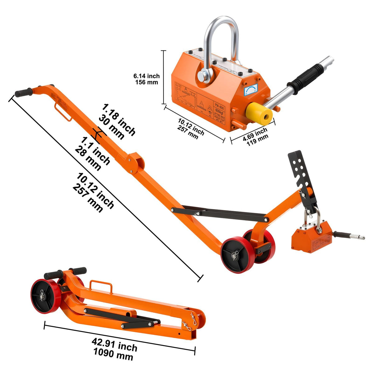 Magnetic Lid Lifter Dolly, 1320 lbs Pulling Capacity, Steel Dolly with Heavy Duty Magnet Lift and 2 Wheels, Adjustable Handle, N42 Neodymium, Foldable and Portable, for Lifting Manhole Covers