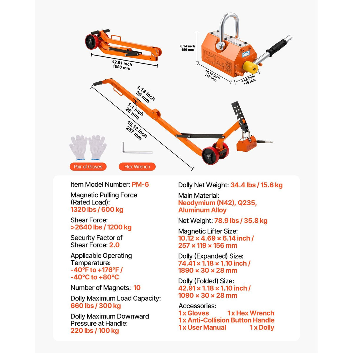 Magnetic Lid Lifter Dolly, 1320 lbs Pulling Capacity, Steel Dolly with Heavy Duty Magnet Lift and 2 Wheels, Adjustable Handle, N42 Neodymium, Foldable and Portable, for Lifting Manhole Covers