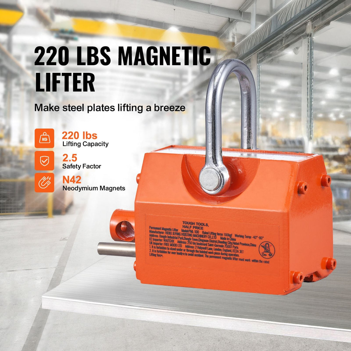 Magnetic Lifter, 220 lbs/100 kg Pulling Capacity, 2.5 Safety Factor, Neodymium & Steel, Lifting Magnet with Release, Permanent Lift Magnets, Heavy Duty Magnet for Hoist, Shop Crane, Block, Board