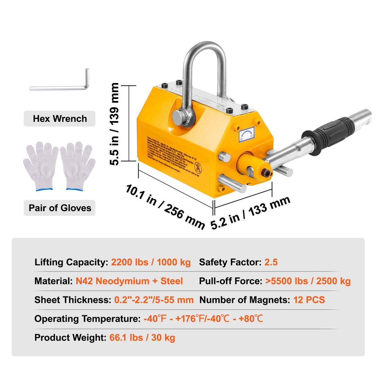 Magnetic Lifter, 2200lbs/1000kg Pulling Capacity, 2.5 Safety Factor, Neodymium & Steel, Lifting Magnet with Release, Permanent Lift Magnets, Heavy Duty Magnet for Hoist, Shop Crane, Block, Board