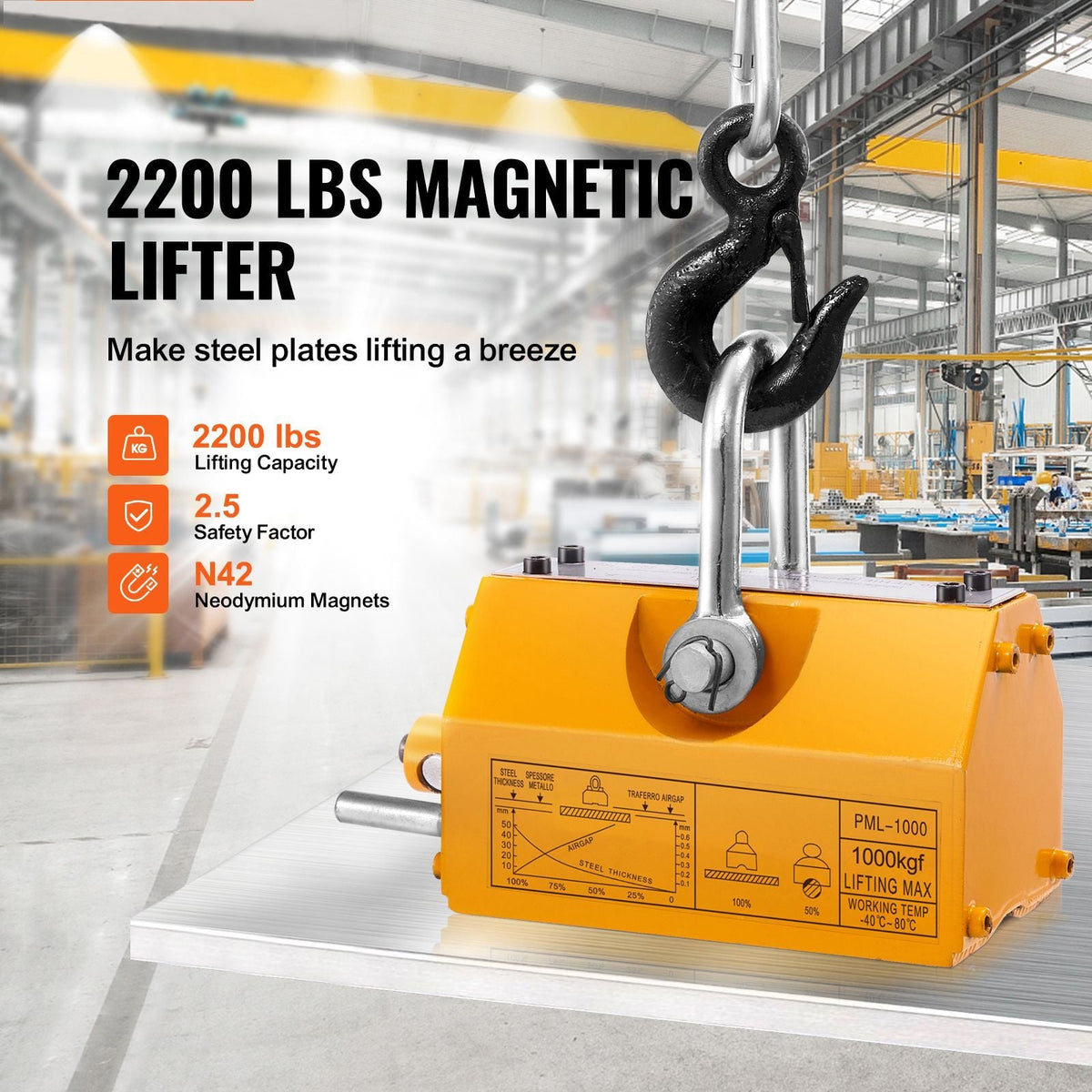 Magnetic Lifter, 2200lbs/1000kg Pulling Capacity, 2.5 Safety Factor, Neodymium & Steel, Lifting Magnet with Release, Permanent Lift Magnets, Heavy Duty Magnet for Hoist, Shop Crane, Block, Board