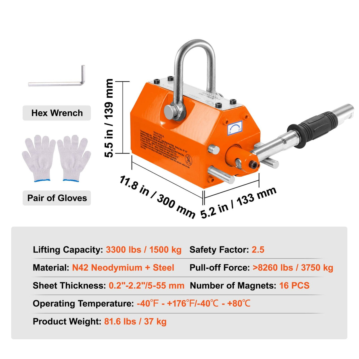 Magnetic Lifter, 3300lbs/1500kg Pulling Capacity, 2.5 Safety Factor, Neodymium & Steel, Lifting Magnet with Release, Permanent Lift Magnets, Heavy Duty Magnet for Hoist, Shop Crane, Block, Board