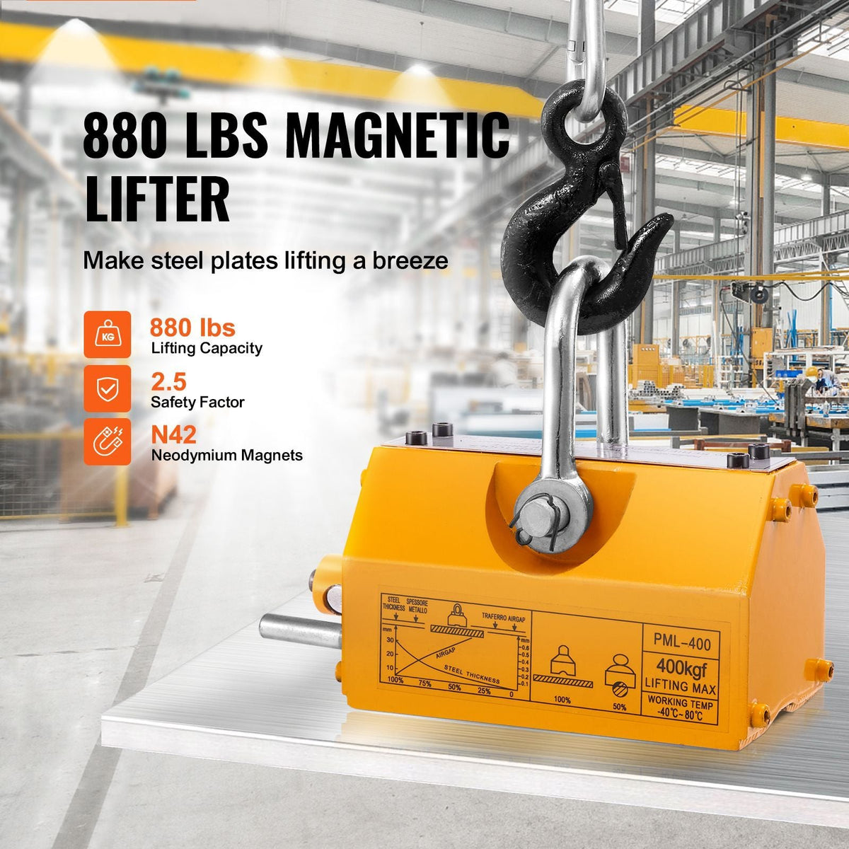 Magnetic Lifter, 880 lbs/400 kg Pulling Capacity, 2.5 Safety Factor, Neodymium & Steel, Lifting Magnet with Release, Permanent Lift Magnets, Heavy Duty Magnet for Hoist, Shop Crane, Block, Board