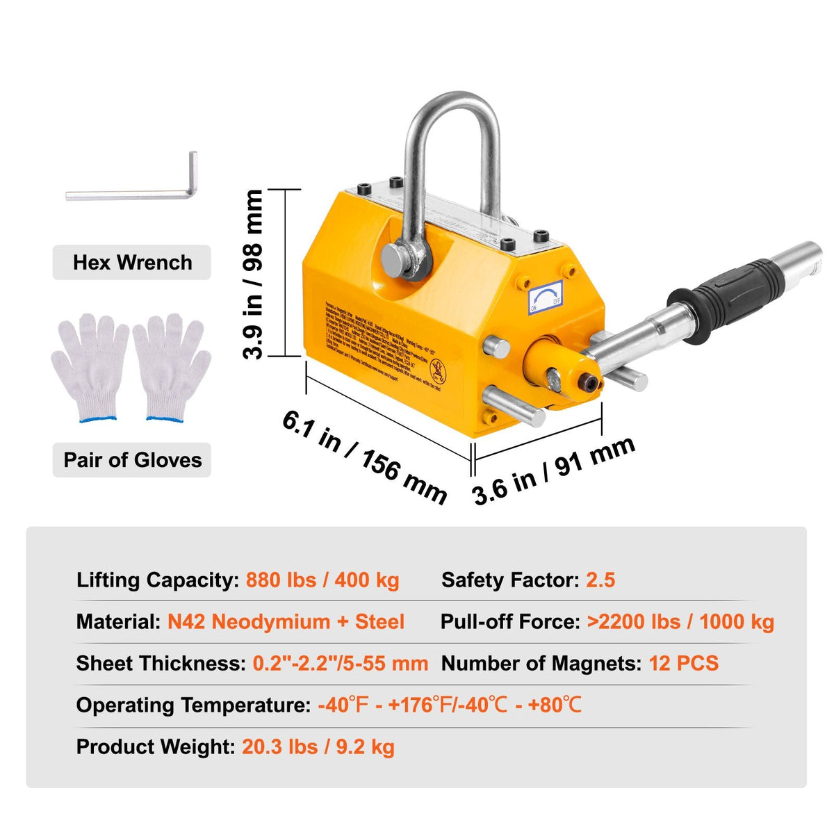 Magnetic Lifter, 880 lbs/400 kg Pulling Capacity, 2.5 Safety Factor, Neodymium & Steel, Lifting Magnet with Release, Permanent Lift Magnets, Heavy Duty Magnet for Hoist, Shop Crane, Block, Board