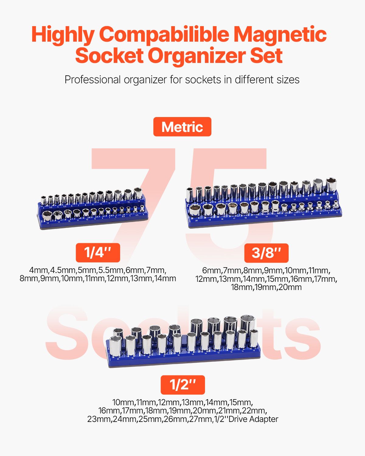 Magnetic Socket Organizer Set, 3PCS Magnetic Socket Holder, 1/4'', 3/8'' & 1/2'' Metric Socket Trays with Clear Labels, Hold up to 75PCS Standard & Deep Sockets, Blue (Sockets Not Included)