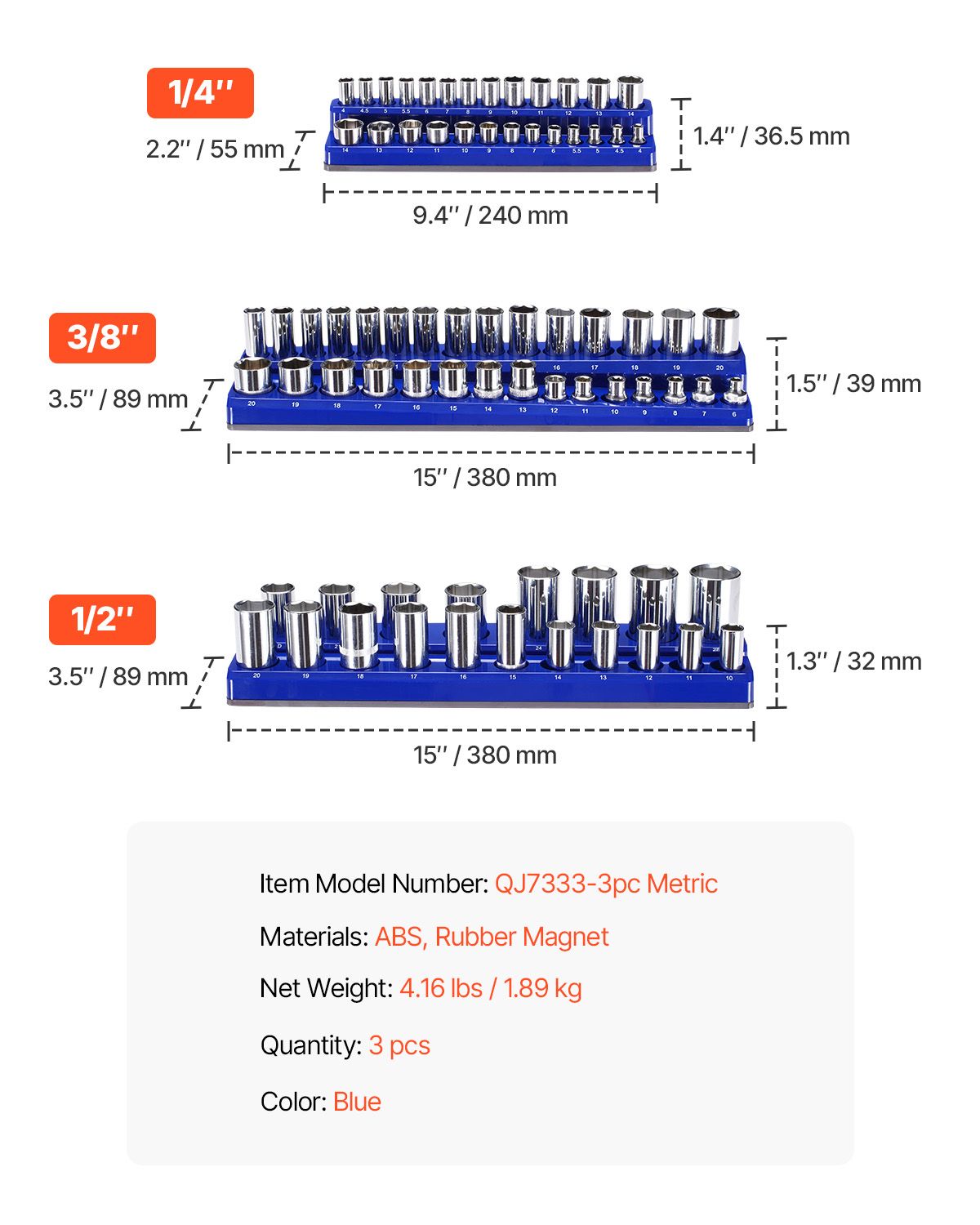 Magnetic Socket Organizer Set, 3PCS Magnetic Socket Holder, 1/4'', 3/8'' & 1/2'' Metric Socket Trays with Clear Labels, Hold up to 75PCS Standard & Deep Sockets, Blue (Sockets Not Included)