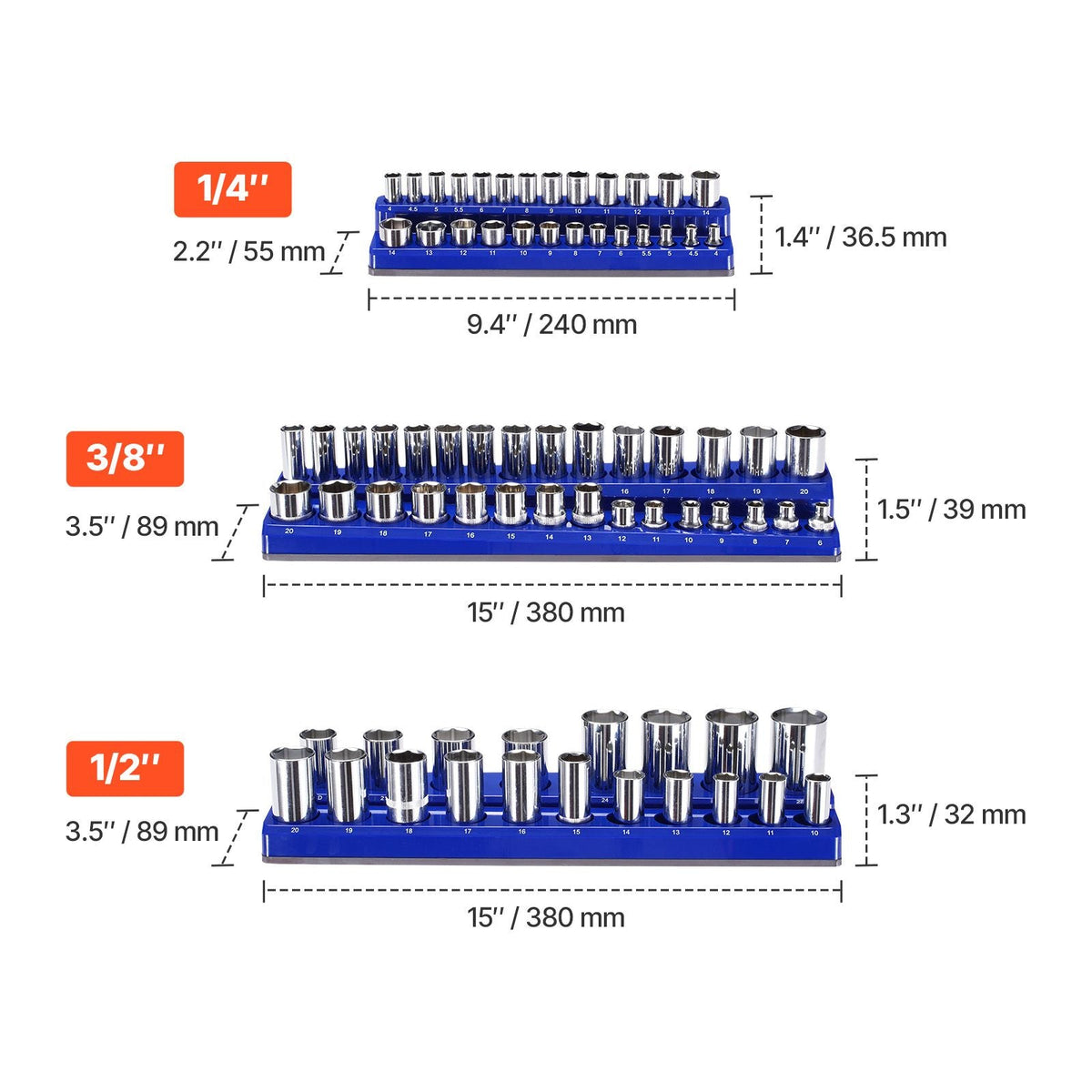 Magnetic Socket Organizer Set, 3PCS Magnetic Socket Holder, 1/4'', 3/8'' & 1/2'' Metric Socket Trays with Clear Labels, Hold up to 75PCS Standard & Deep Sockets, Blue (Sockets Not Included)