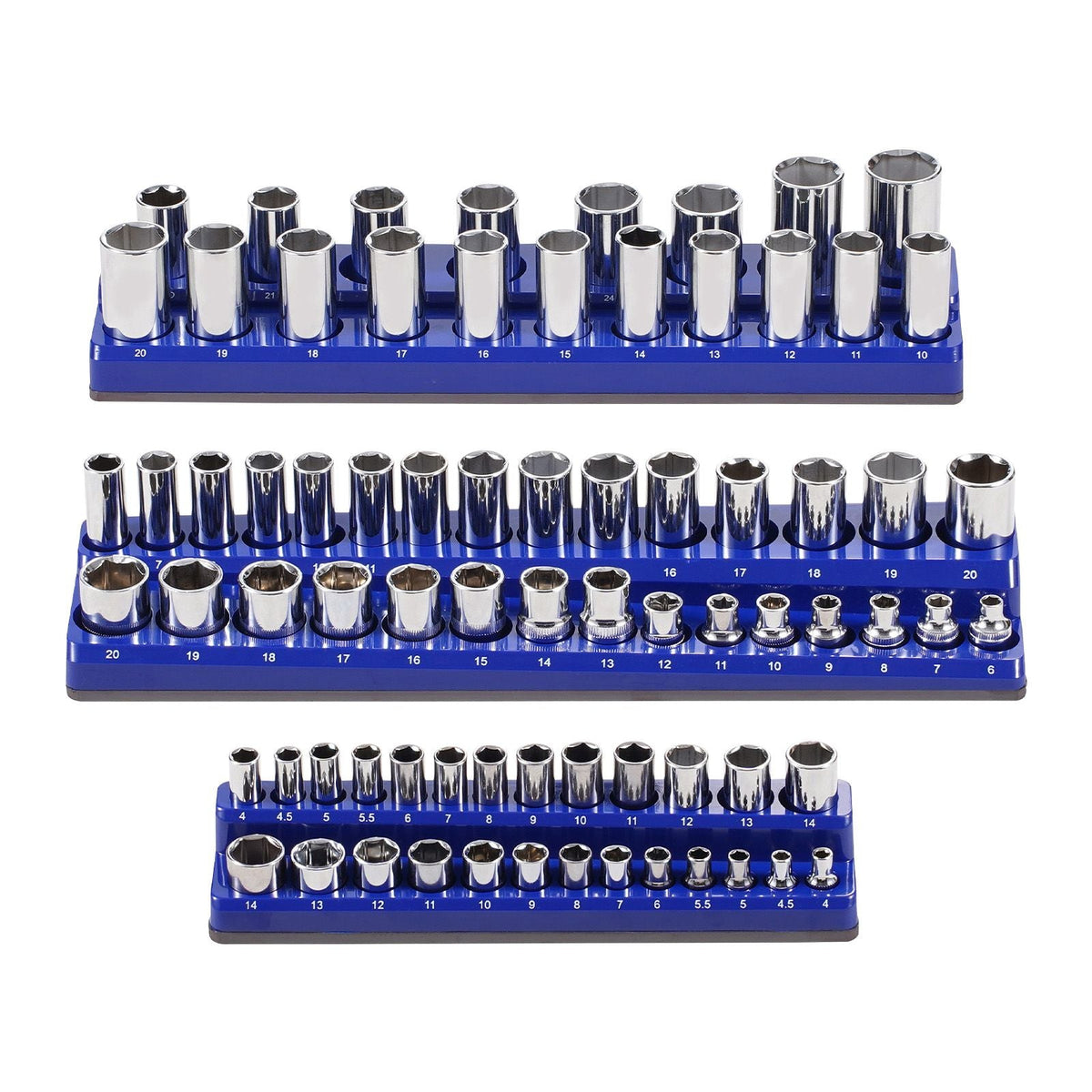 Magnetic Socket Organizer Set, 3PCS Magnetic Socket Holder, 1/4'', 3/8'' & 1/2'' Metric Socket Trays with Clear Labels, Hold up to 75PCS Standard & Deep Sockets, Blue (Sockets Not Included)