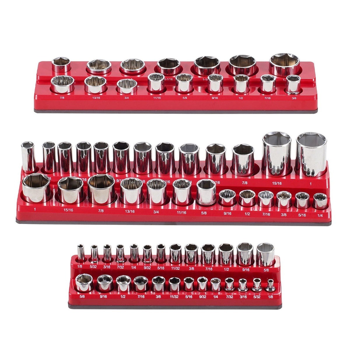 Magnetic Socket Organizer Set, 3PCS Magnetic Socket Holder, 1/4'', 3/8'' & 1/2'' SAE Socket Trays with Clear Labels, Hold up to 68PCS Standard & Deep Sockets, Red (Sockets Not Included)
