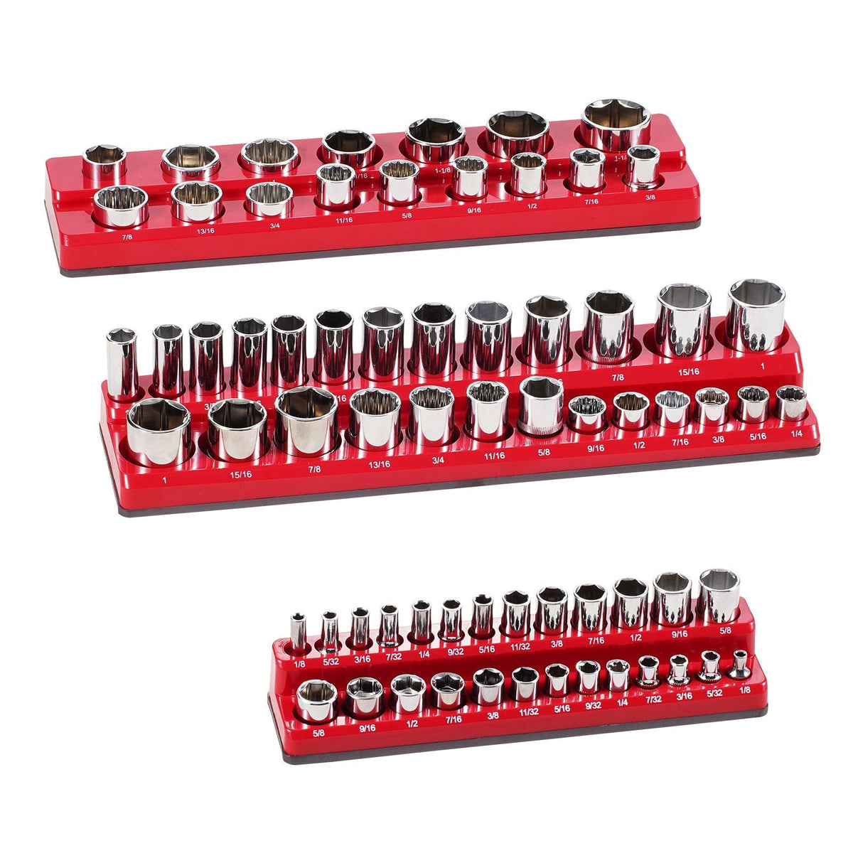 Magnetic Socket Organizer Set, 3PCS Magnetic Socket Holder, 1/4'', 3/8'' & 1/2'' SAE Socket Trays with Clear Labels, Hold up to 68PCS Standard & Deep Sockets, Red (Sockets Not Included)