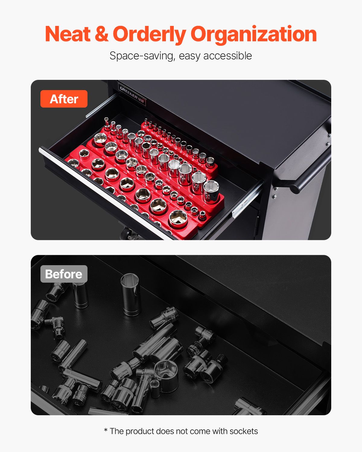 Magnetic Socket Organizer Set, 3PCS Magnetic Socket Holder, 1/4'', 3/8'' & 1/2'' SAE Socket Trays with Clear Labels, Hold up to 68PCS Standard & Deep Sockets, Red (Sockets Not Included)