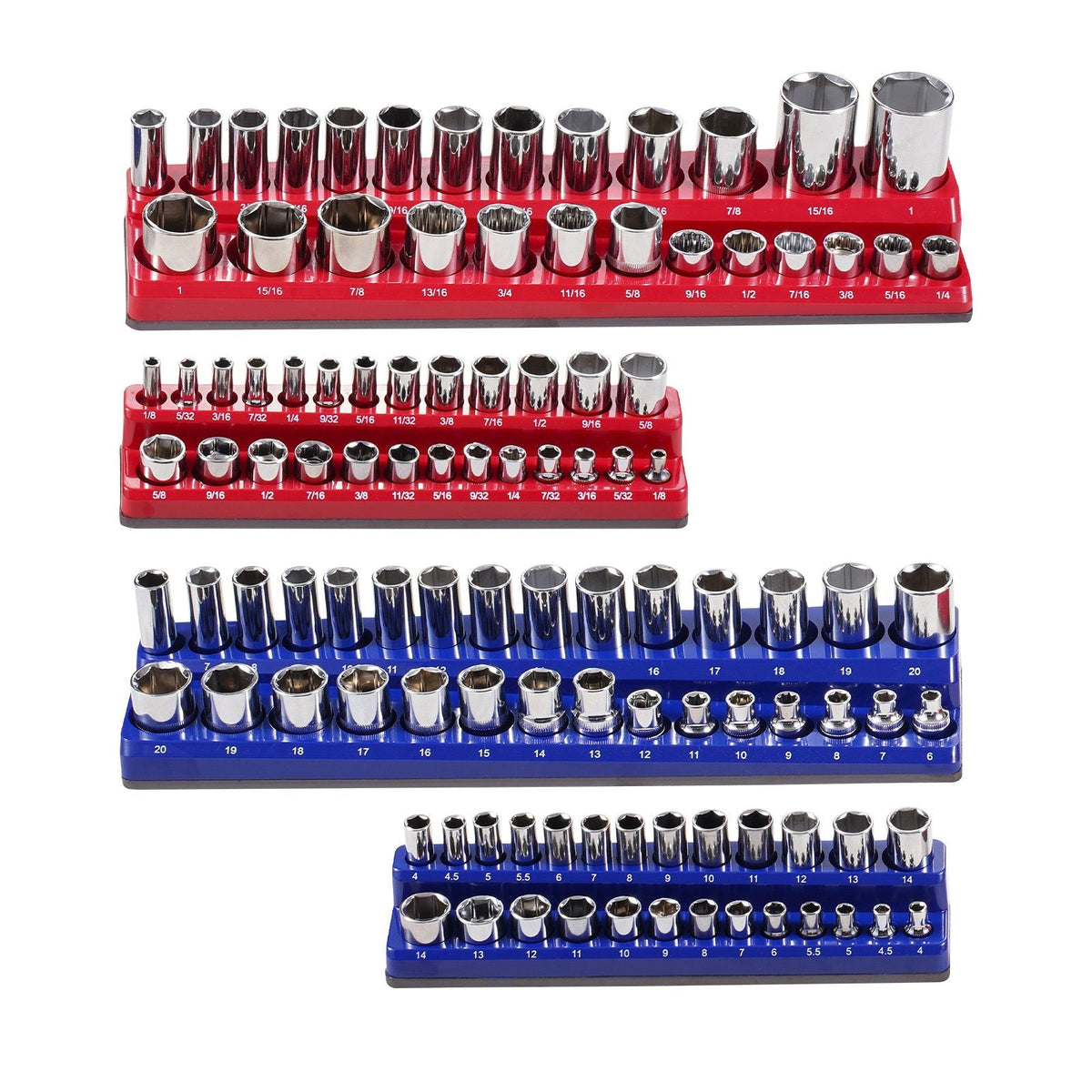 Magnetic Socket Organizer Set, 4PCS Magnetic Socket Holder, 1/4'' & 3/8'' Metric SAE Socket Trays with Clear Labels, Hold up to 108PCS Standard & Deep Sockets, Blue & Red (Sockets Not Included)
