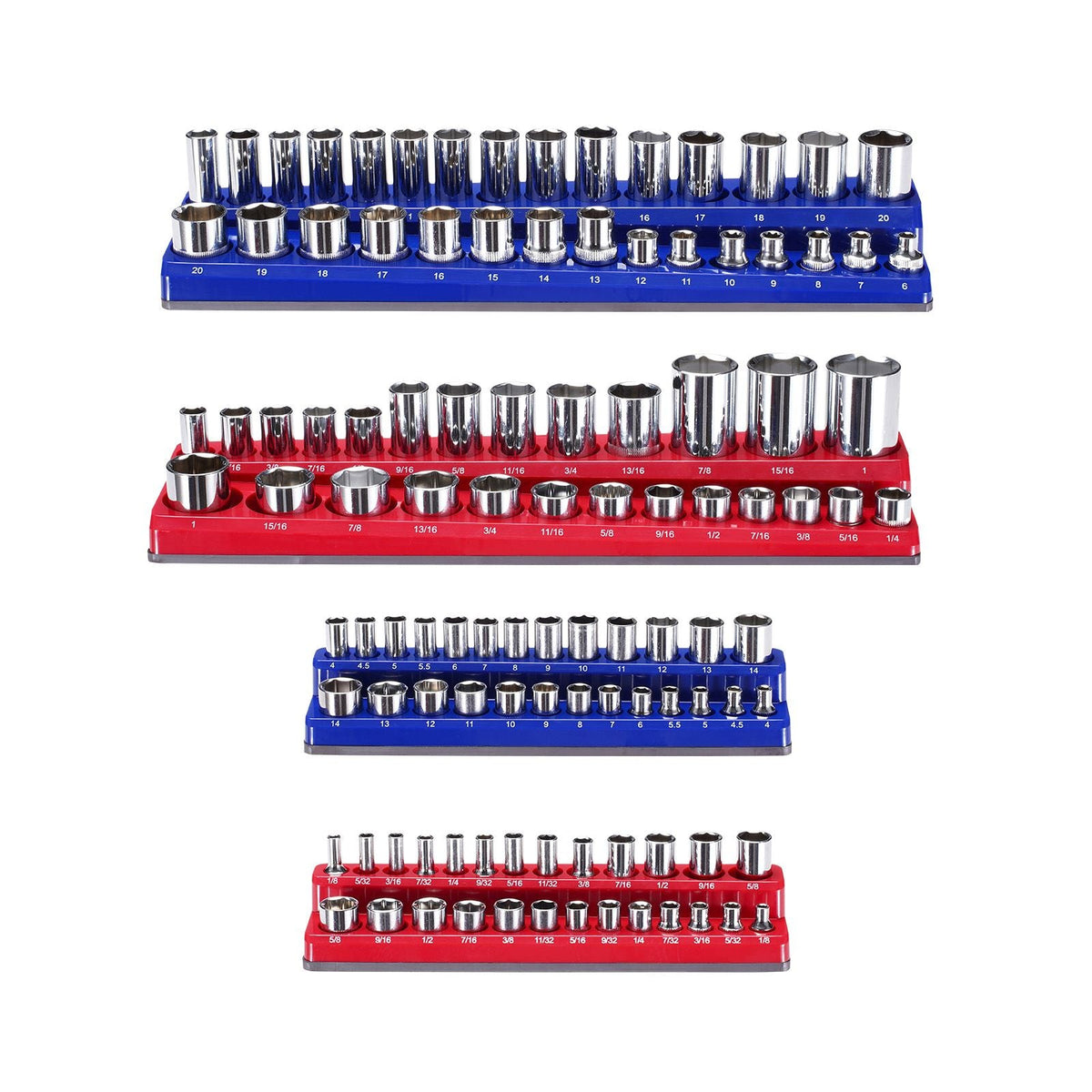 Magnetic Socket Organizer Set, 4PCS Magnetic Socket Holder, 1/4'' & 3/8'' Metric SAE Socket Trays with Clear Labels, Hold up to 108PCS Standard & Deep Sockets, Blue & Red (Sockets Not Included)