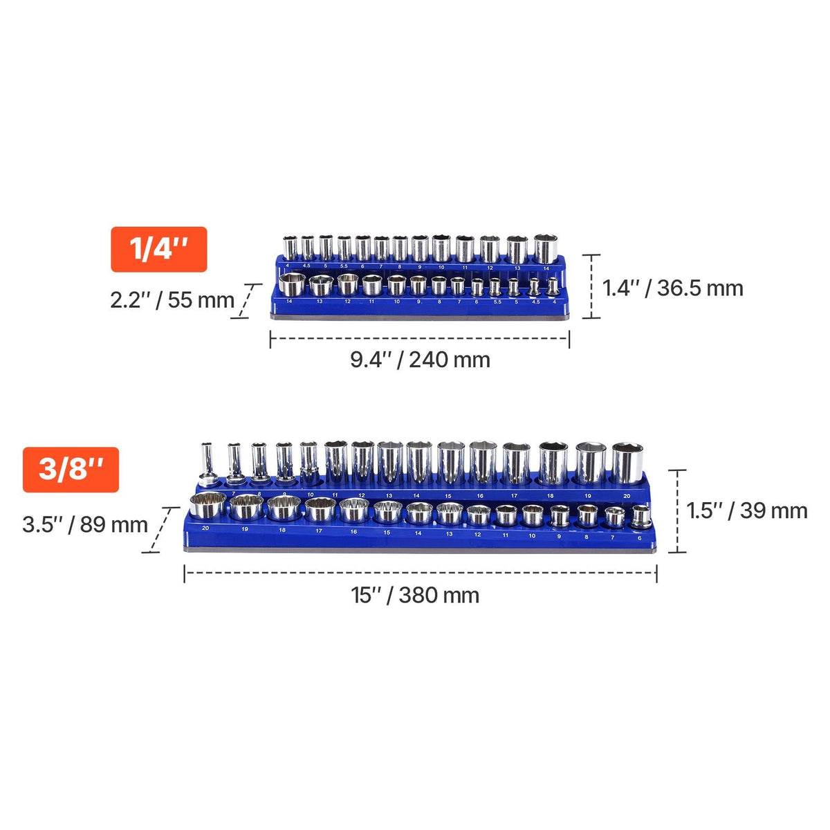 Magnetic Socket Organizer Set, 4PCS Magnetic Socket Holder, 1/4'' & 3/8'' Metric SAE Socket Trays with Clear Labels, Hold up to 108PCS Standard & Deep Sockets, Blue & Red (Sockets Not Included)