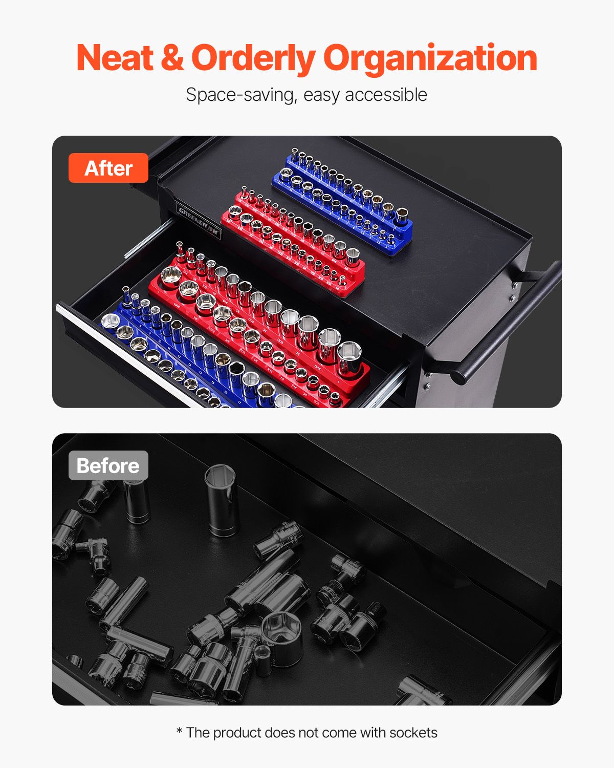 Magnetic Socket Organizer Set, 4PCS Magnetic Socket Holder, 1/4'' & 3/8'' Metric SAE Socket Trays with Clear Labels, Hold up to 108PCS Standard & Deep Sockets, Blue & Red (Sockets Not Included)
