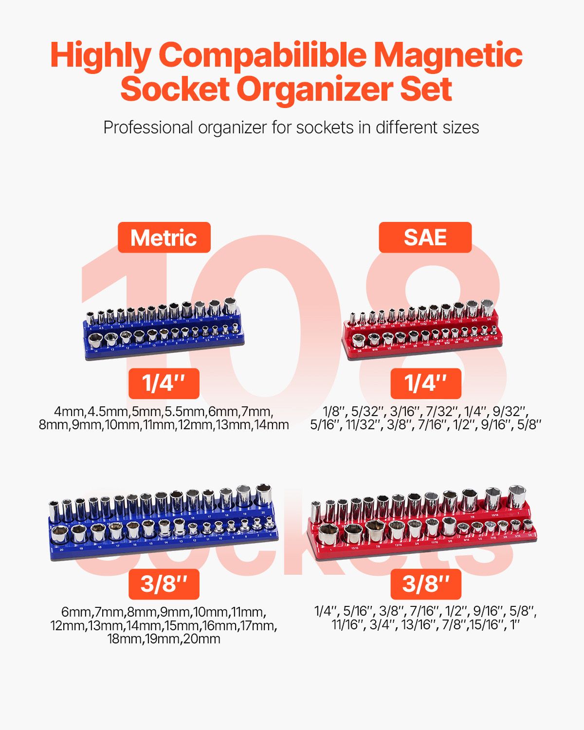 Magnetic Socket Organizer Set, 4PCS Magnetic Socket Holder, 1/4'' & 3/8'' Metric SAE Socket Trays with Clear Labels, Hold up to 108PCS Standard & Deep Sockets, Blue & Red (Sockets Not Included)
