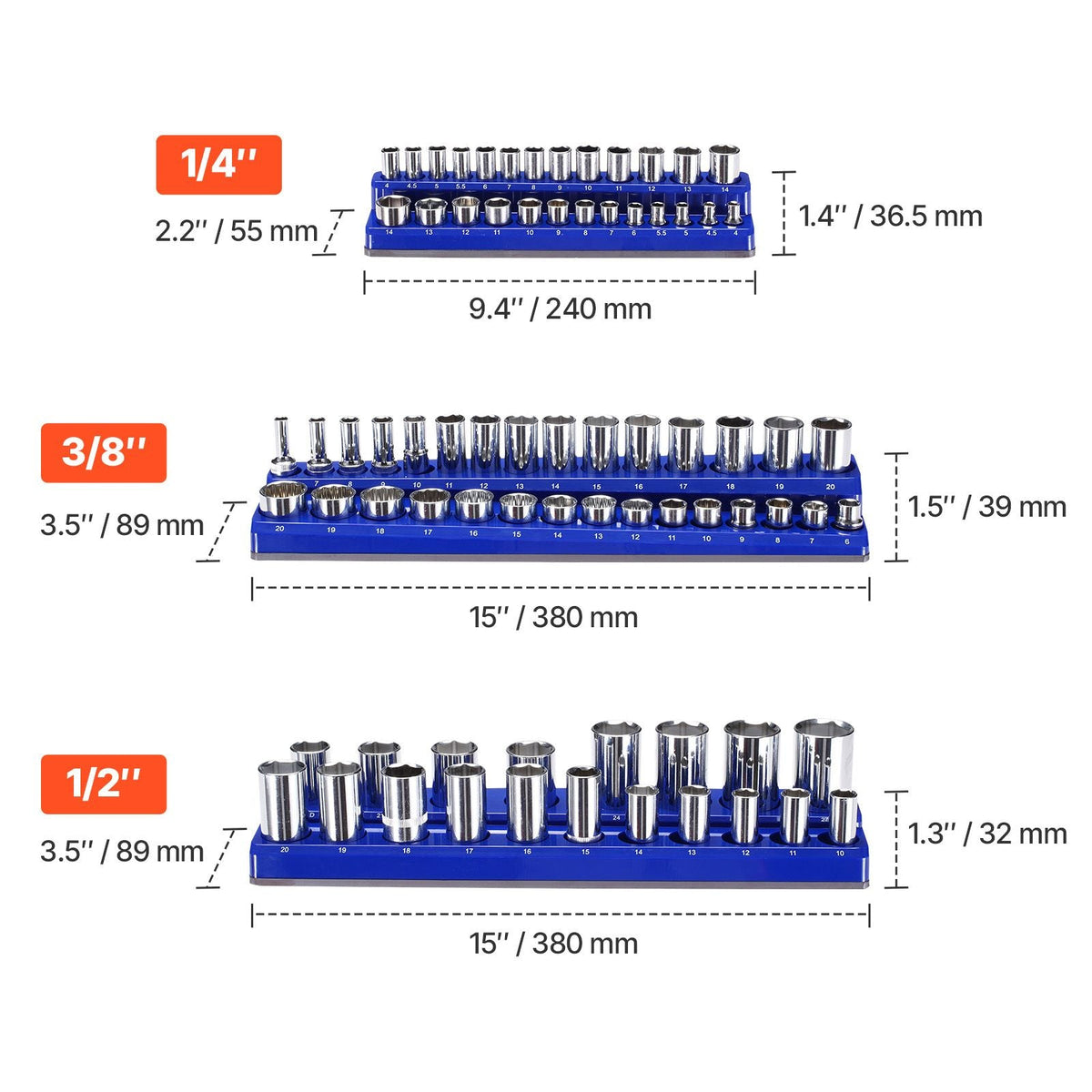 Magnetic Socket Organizer Set, 6PCS Socket Holder, 1/4'', 3/8'' & 1/2'' Metric SAE Socket Trays with Clear Labels, Hold up to 143PCS Standard & Deep Sockets, Blue & Red (Sockets Not Included)
