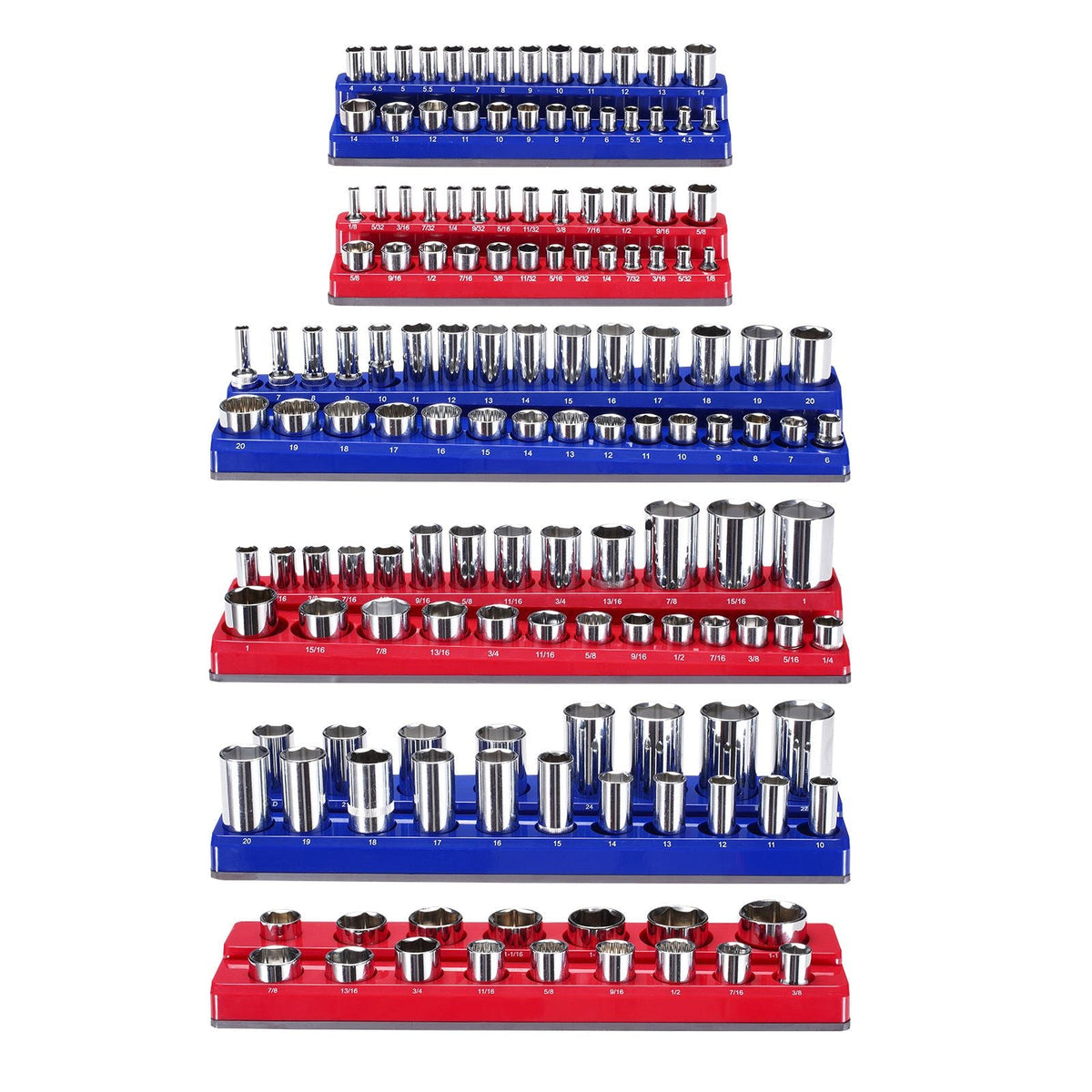 Magnetic Socket Organizer Set, 6PCS Socket Holder, 1/4'', 3/8'' & 1/2'' Metric SAE Socket Trays with Clear Labels, Hold up to 143PCS Standard & Deep Sockets, Blue & Red (Sockets Not Included)