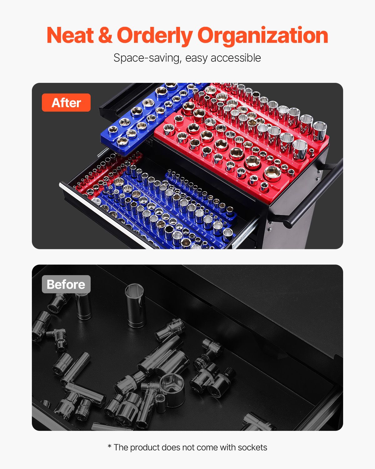 Magnetic Socket Organizer Set, 8PCS Socket Holder, 1/4'', 3/8'' & 1/2'' Metric SAE Socket Trays with Clear Labels, Hold up to 199PCS Standard & Deep Sockets, Blaue & Red (Sockets Not Included)