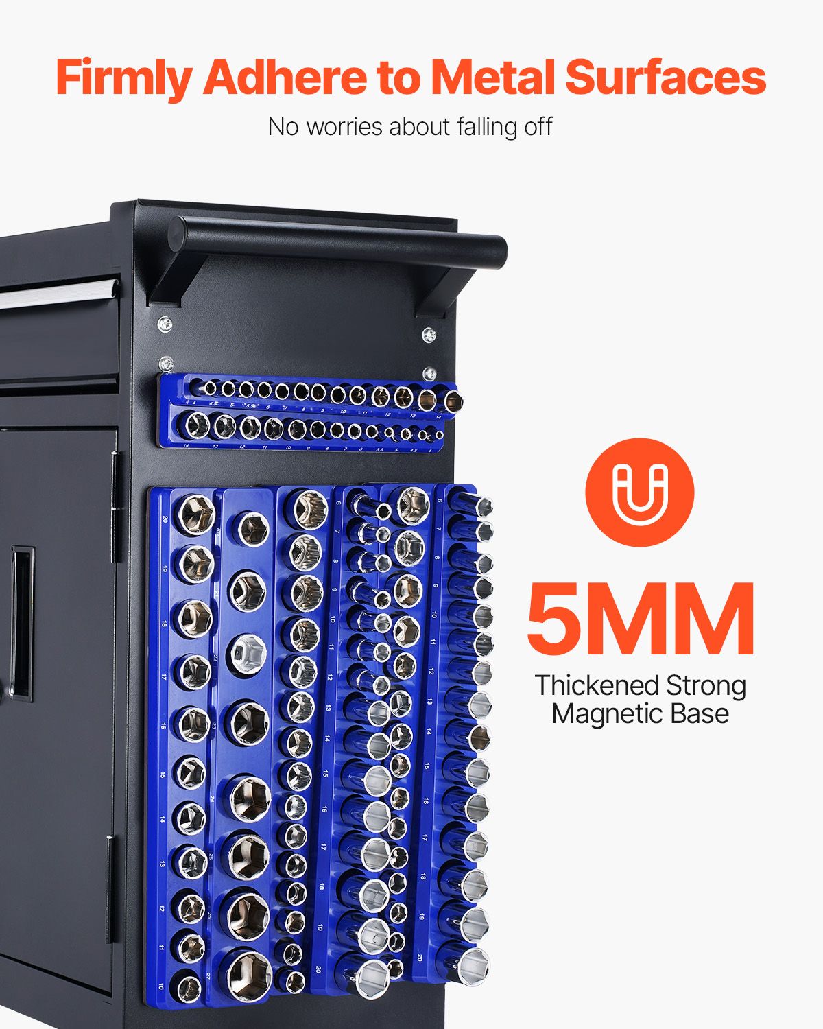 Magnetic Socket Organizer Set, 8PCS Socket Holder, 1/4'', 3/8'' & 1/2'' Metric SAE Socket Trays with Clear Labels, Hold up to 199PCS Standard & Deep Sockets, Blaue & Red (Sockets Not Included)