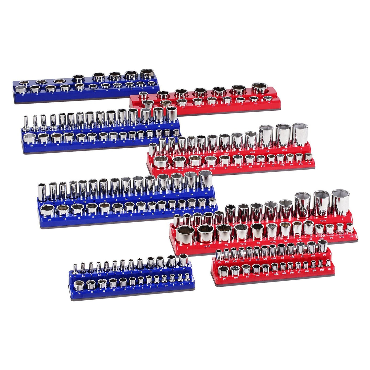 Magnetic Socket Organizer Set, 8PCS Socket Holder, 1/4'', 3/8'' & 1/2'' Metric SAE Socket Trays with Clear Labels, Hold up to 199PCS Standard & Deep Sockets, Blaue & Red (Sockets Not Included)