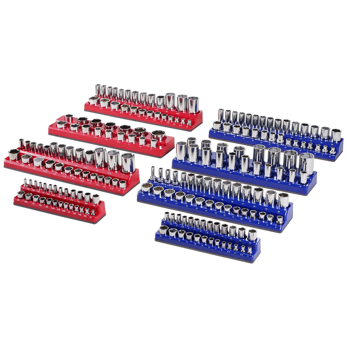 Magnetic Socket Organizer Set, 8PCS Socket Holder, 1/4'', 3/8'' & 1/2'' Metric SAE Socket Trays with Clear Labels, Hold up to 199PCS Standard & Deep Sockets, Blaue & Red (Sockets Not Included)