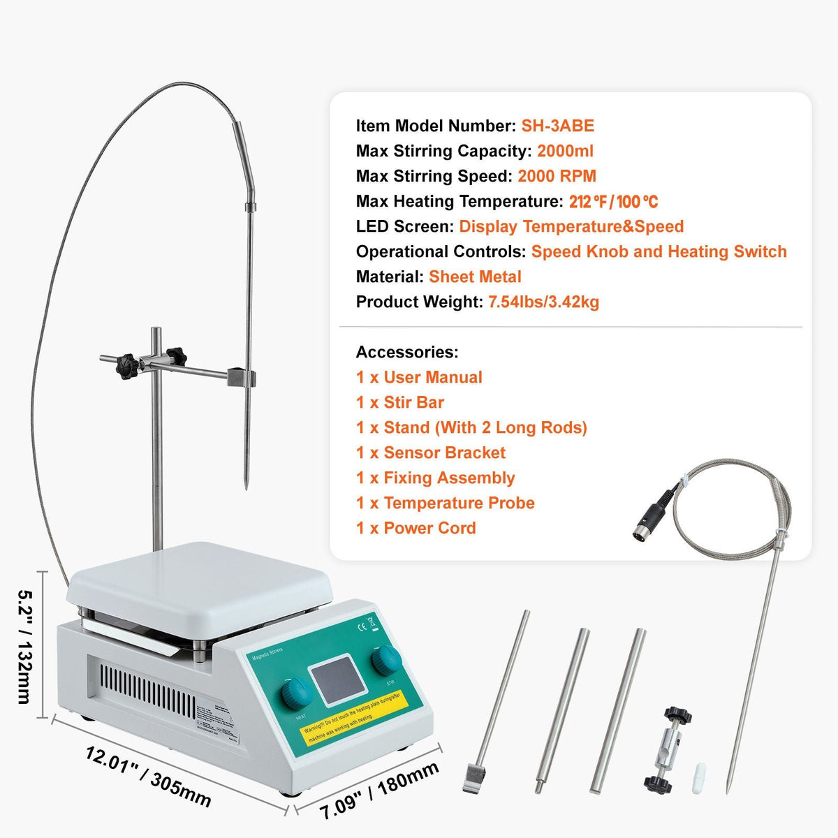 Magnetic Stirrer Hot Plate, Max 212 F/100 C, 0-2000 RPM Hot Plate with Magnetic Stirrer, 2000mL Hot Plate Stirrer with LED Screen, Support Stand and Stir Bars Included, 500W Heating Power