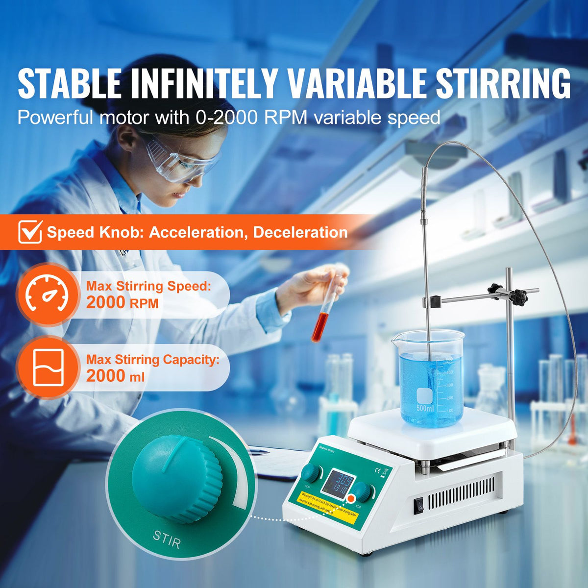 Magnetic Stirrer Hot Plate, Max 212 F/100 C, 0-2000 RPM Hot Plate with Magnetic Stirrer, 2000mL Hot Plate Stirrer with LED Screen, Support Stand and Stir Bars Included, 500W Heating Power