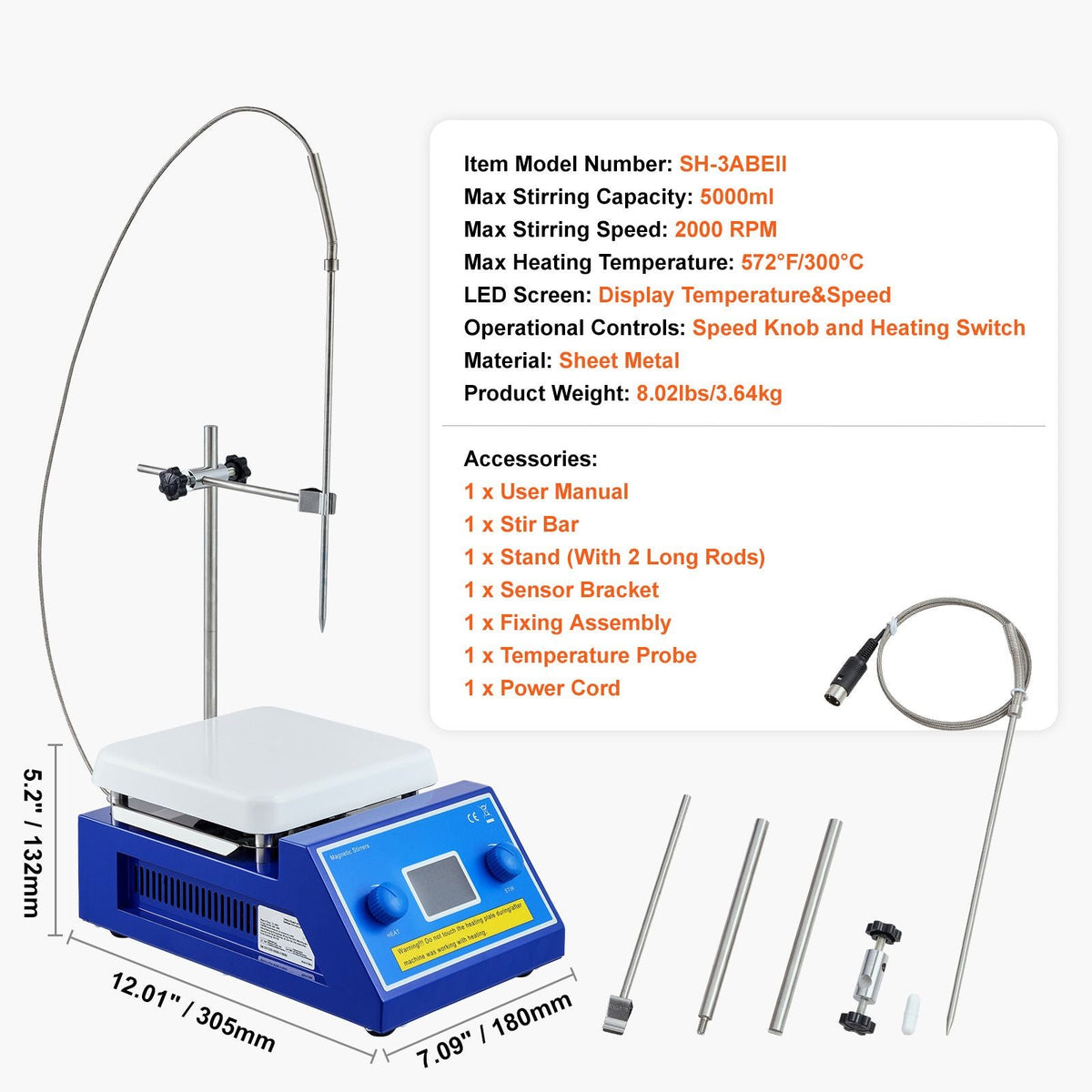 Magnetic Stirrer Hot Plate, Max 572 Fahrenheit /300 Celsius , 0-2000 RPM Hot Plate with Magnetic Stirrer, 5000mL Hot Plate Stirrer with LED Screen, Support Stand and Stir Bars Included