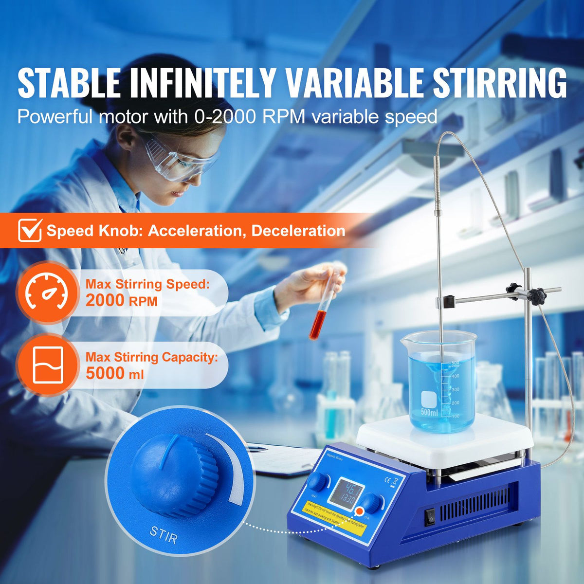 Magnetic Stirrer Hot Plate, Max 572 Fahrenheit /300 Celsius , 0-2000 RPM Hot Plate with Magnetic Stirrer, 5000mL Hot Plate Stirrer with LED Screen, Support Stand and Stir Bars Included