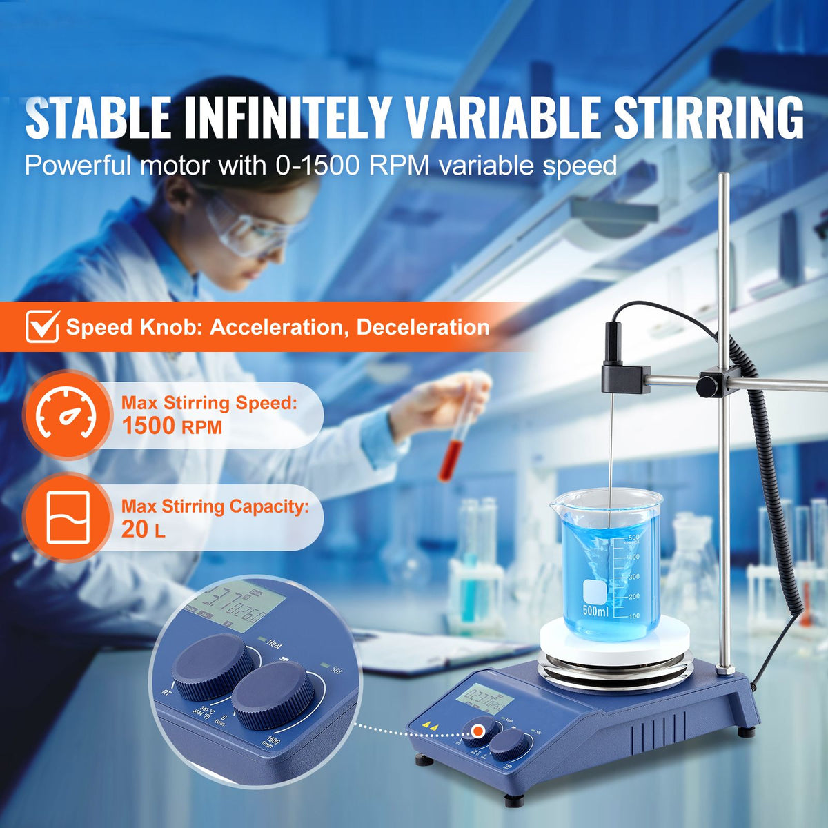 Magnetic Stirrer Hot Plate, Max 644 Fahrenheit /340 Celsius , 0-1500 RPM Hot Plate with Magnetic Stirrer, 20L Hot Plate Stirrer with LED Screen, Support Stand and Stir Bars Included