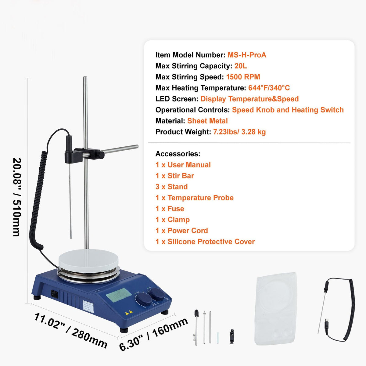Magnetic Stirrer Hot Plate, Max 644 Fahrenheit /340 Celsius , 0-1500 RPM Hot Plate with Magnetic Stirrer, 20L Hot Plate Stirrer with LED Screen, Support Stand and Stir Bars Included