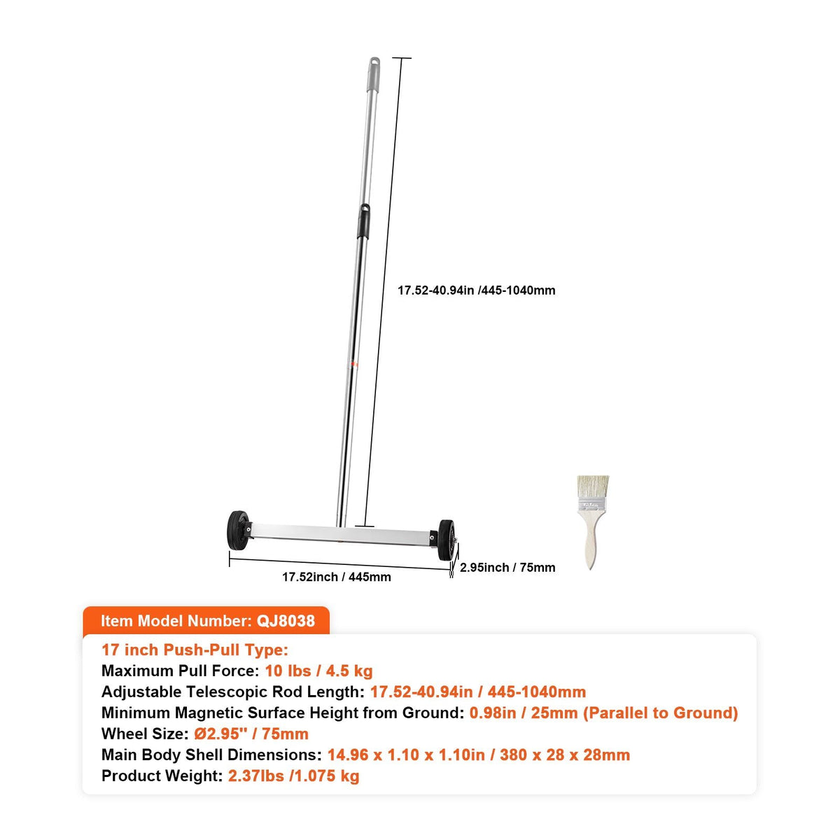 Magnetic Sweeper with Wheels, 17inch Mini Magnetic Sweeper, 10 lbs Capacity, Adjustable Handle, Lightweight Magnetic Pickup Sweeper to Pick Up Nails and Screws, Easy Cleanup of Workshop Garage