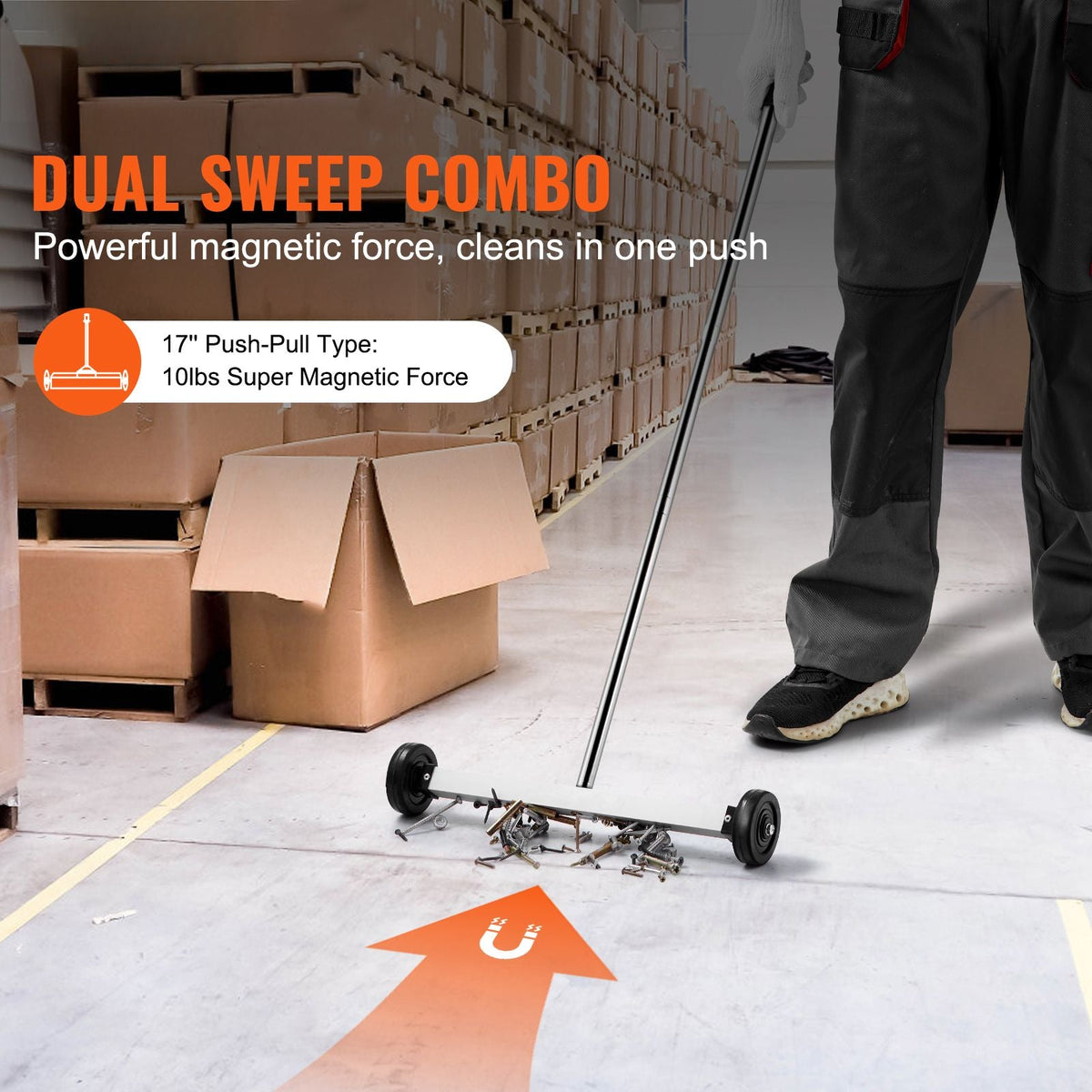 Magnetic Sweeper with Wheels, 17inch Mini Magnetic Sweeper, 10 lbs Capacity, Adjustable Handle, Lightweight Magnetic Pickup Sweeper to Pick Up Nails and Screws, Easy Cleanup of Workshop Garage