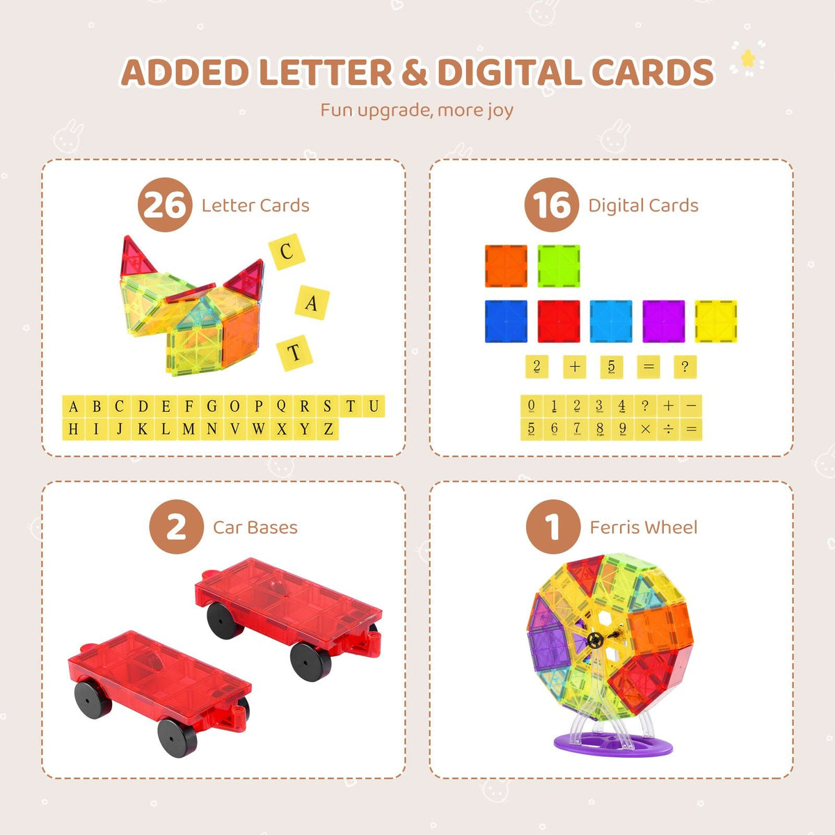 Magnetic Tiles, 181 PCS Magnetic Building Blocks for Kids, Magnet Building Set with Car Bases/Ferris Wheel/Letter & Digital Cards, STEM Construction Stacking Toys for Toddlers Boys Girls Aged 5+