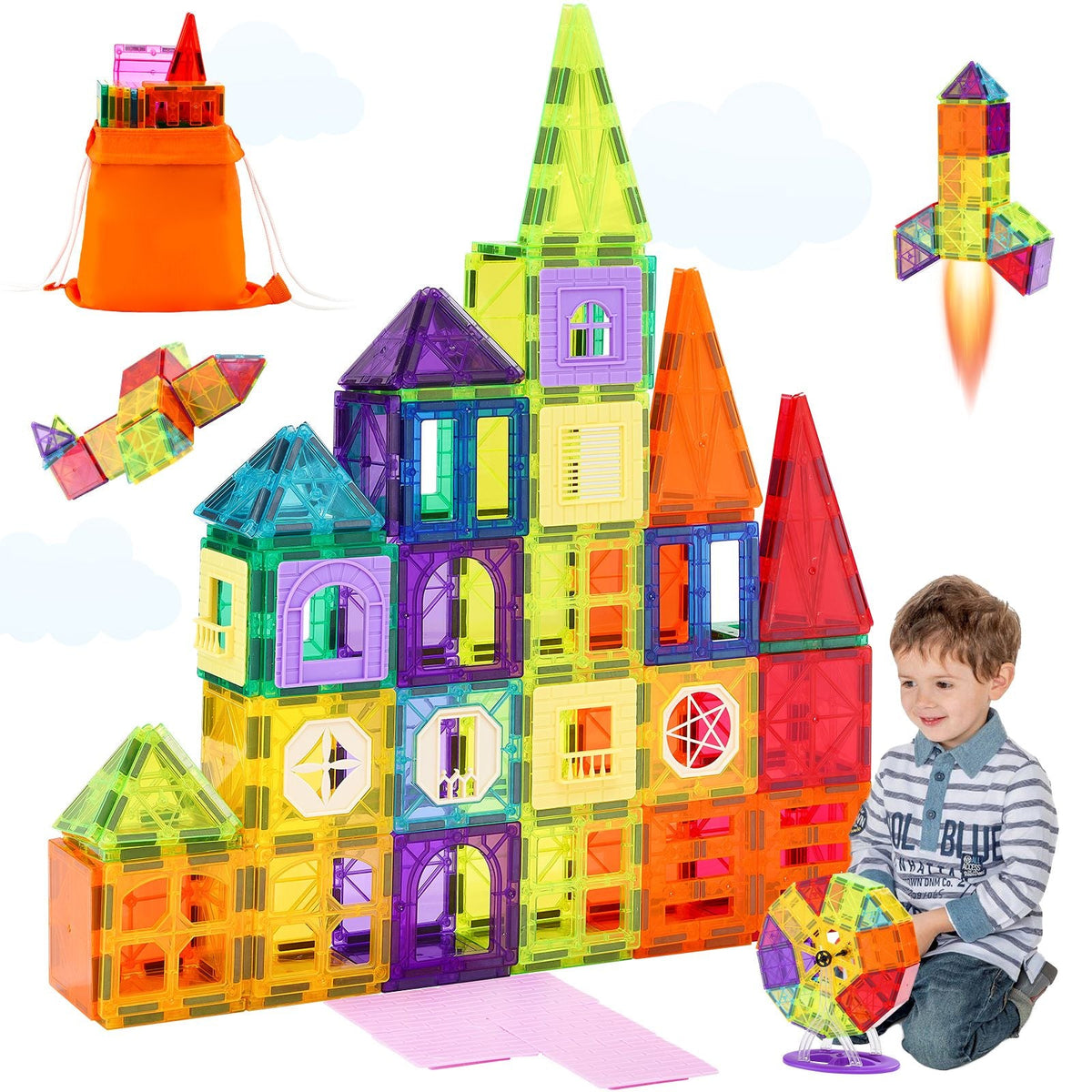 Magnetic Tiles, 181 PCS Magnetic Building Blocks for Kids, Magnet Building Set with Car Bases/Ferris Wheel/Letter & Digital Cards, STEM Construction Stacking Toys for Toddlers Boys Girls Aged 5+