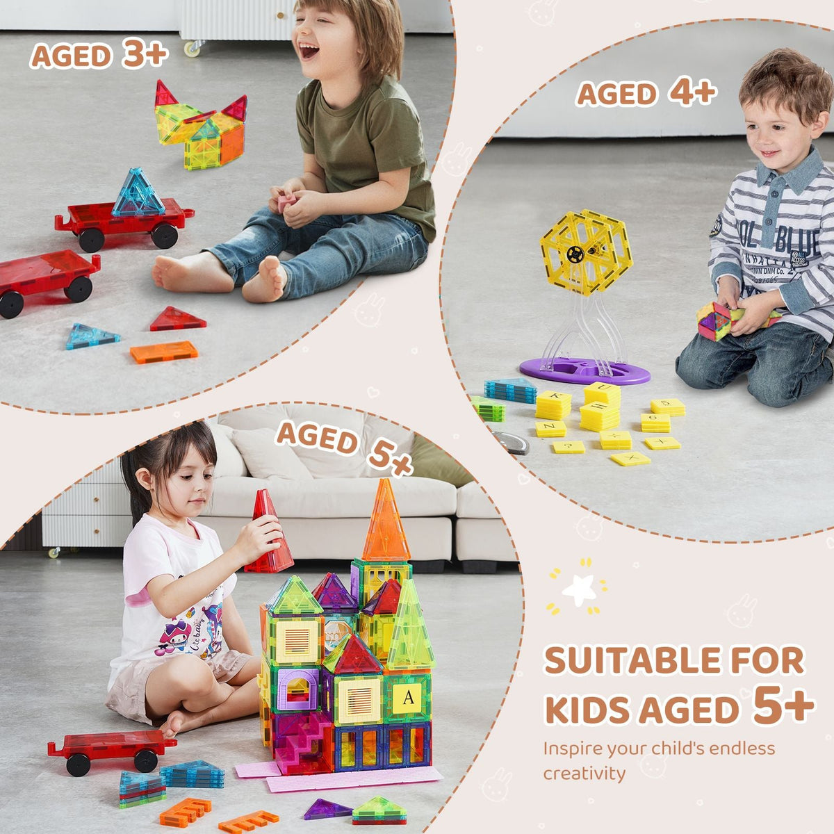 Magnetic Tiles, 181 PCS Magnetic Building Blocks for Kids, Magnet Building Set with Car Bases/Ferris Wheel/Letter & Digital Cards, STEM Construction Stacking Toys for Toddlers Boys Girls Aged 5+