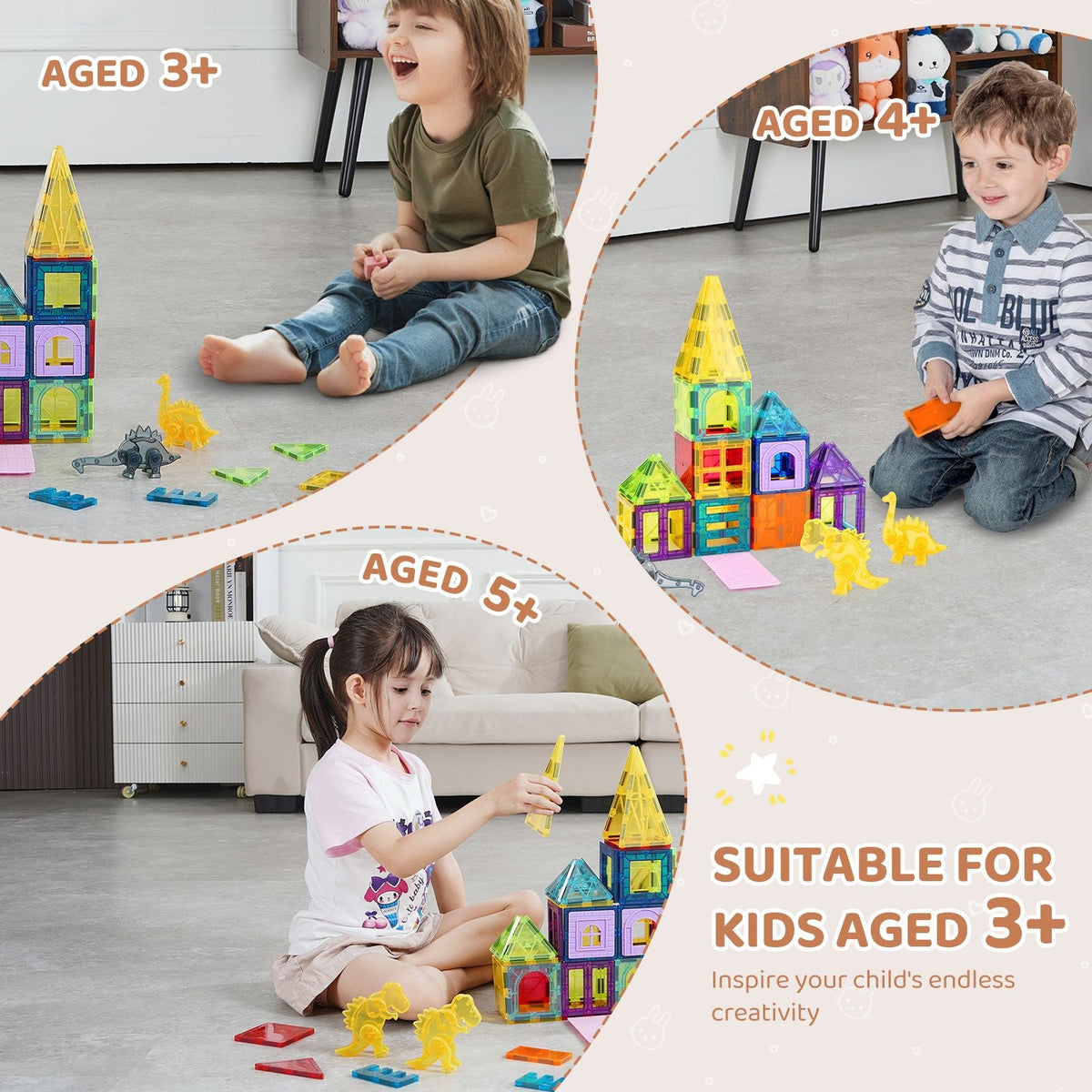 Magnetic Tiles, 56 PCS Magnetic Animals Building Blocks for Kids, Magnet Building Set with 4 Dinosaurs, STEM Sensory Educational Construction Stacking Toys Gift for Toddlers Boys Girls Aged 3+