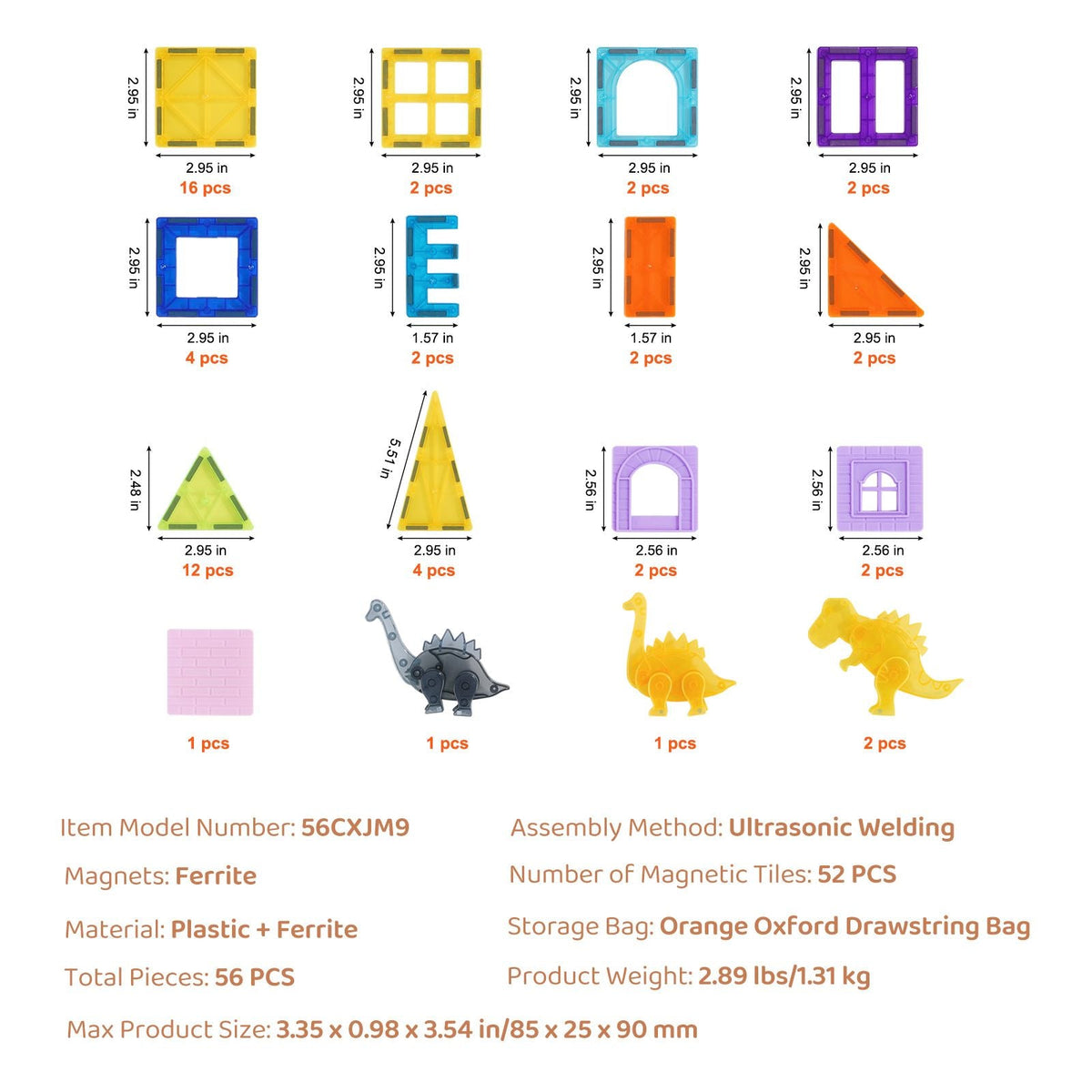 Magnetic Tiles, 56 PCS Magnetic Animals Building Blocks for Kids, Magnet Building Set with 4 Dinosaurs, STEM Sensory Educational Construction Stacking Toys Gift for Toddlers Boys Girls Aged 3+