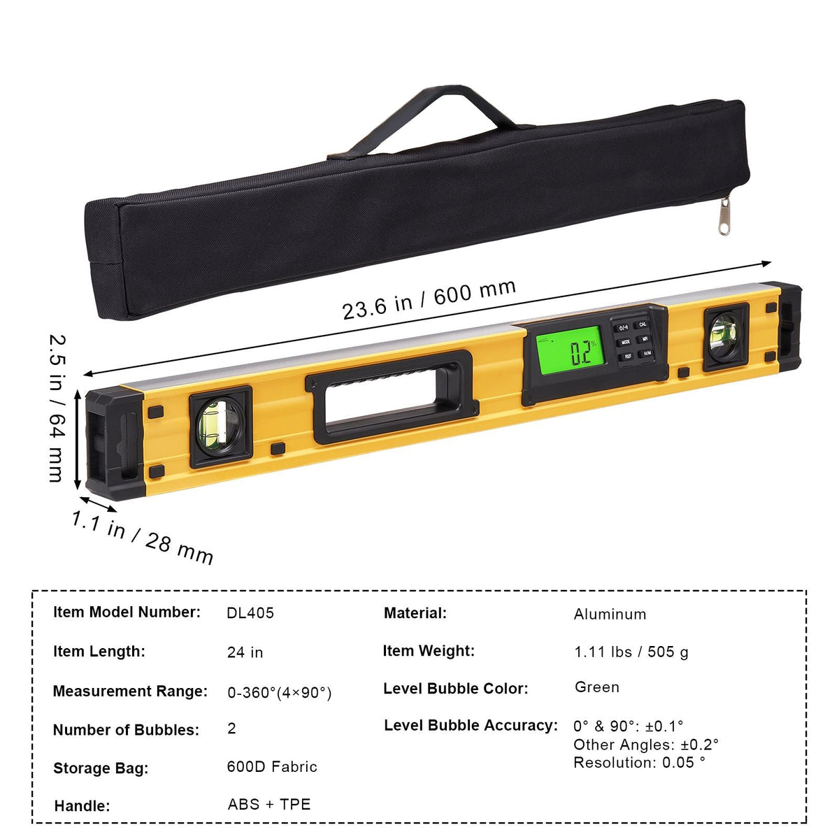Magnetic Torpedo Level, 600mm, LED Backlit Screen Mechanical Bubble Vials Ruler for 0-360 Degree, Gravity Sensor Aluminum Alloy Leveler Tool w/ Viewing Window, Shock-Resistant for Plumbing, Wood