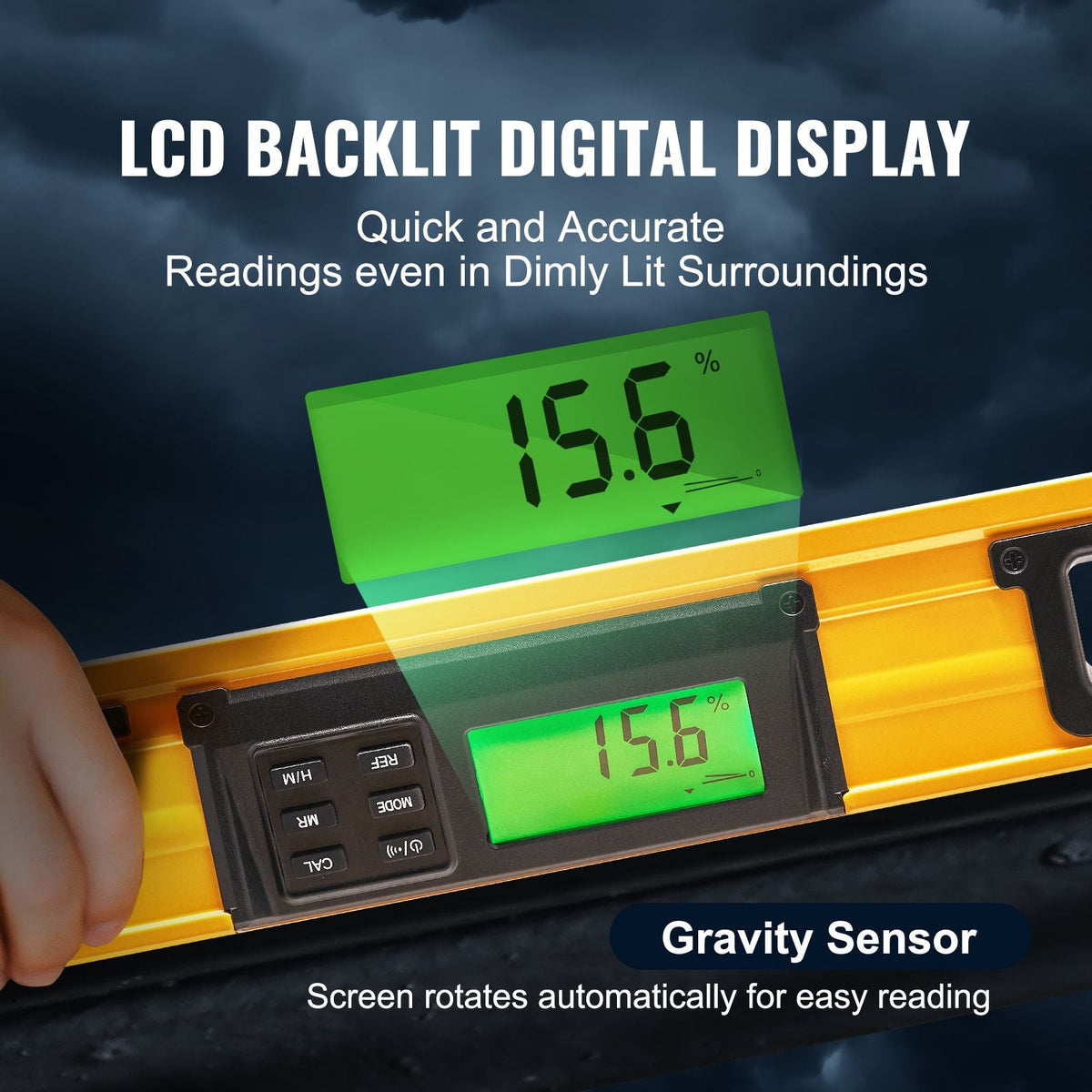 Magnetic Torpedo Level, 600mm, LED Backlit Screen Mechanical Bubble Vials Ruler for 0-360 Degree, Gravity Sensor Aluminum Alloy Leveler Tool w/ Viewing Window, Shock-Resistant for Plumbing, Wood