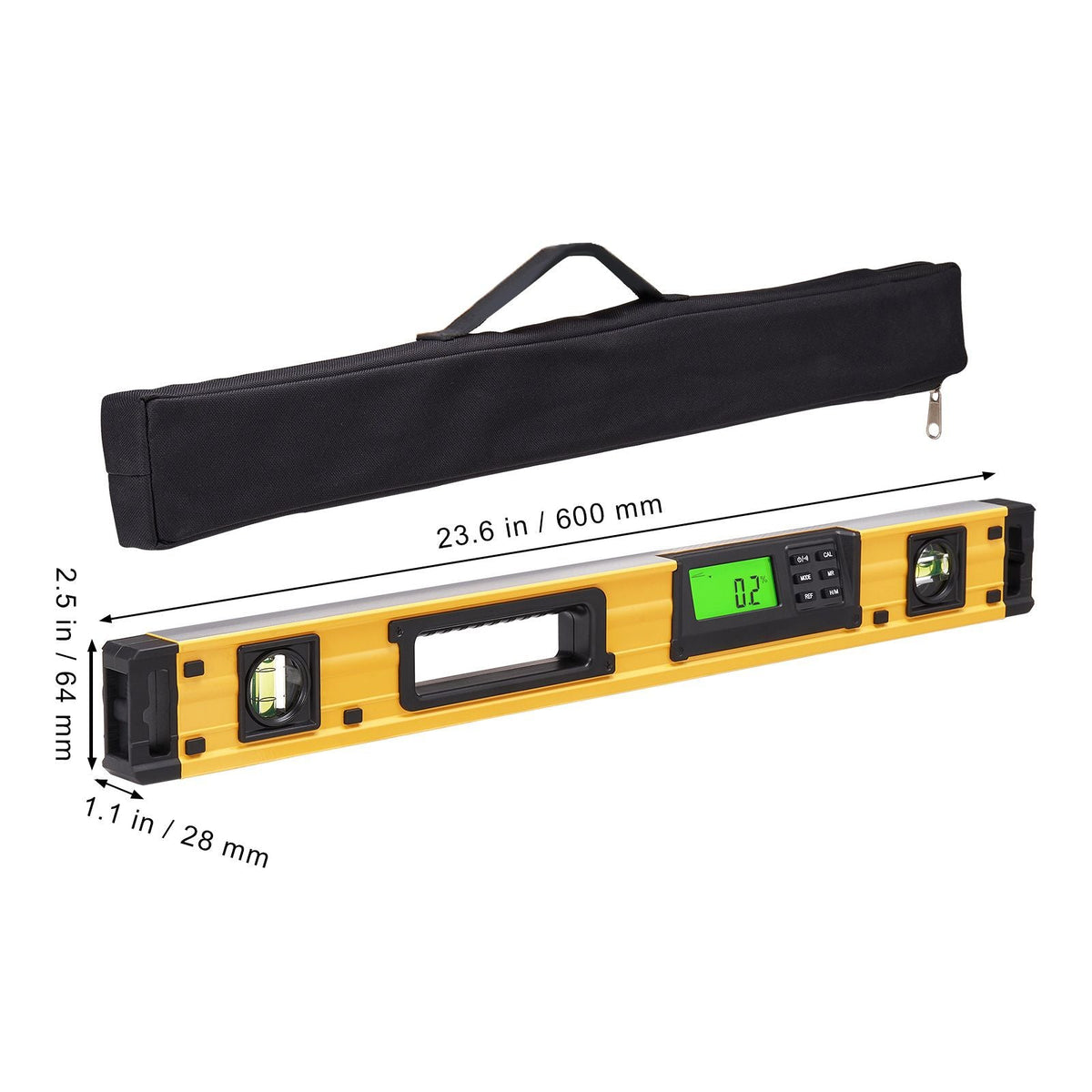 Magnetic Torpedo Level, 600mm, LED Backlit Screen Mechanical Bubble Vials Ruler for 0-360 Degree, Gravity Sensor Aluminum Alloy Leveler Tool w/ Viewing Window, Shock-Resistant for Plumbing, Wood