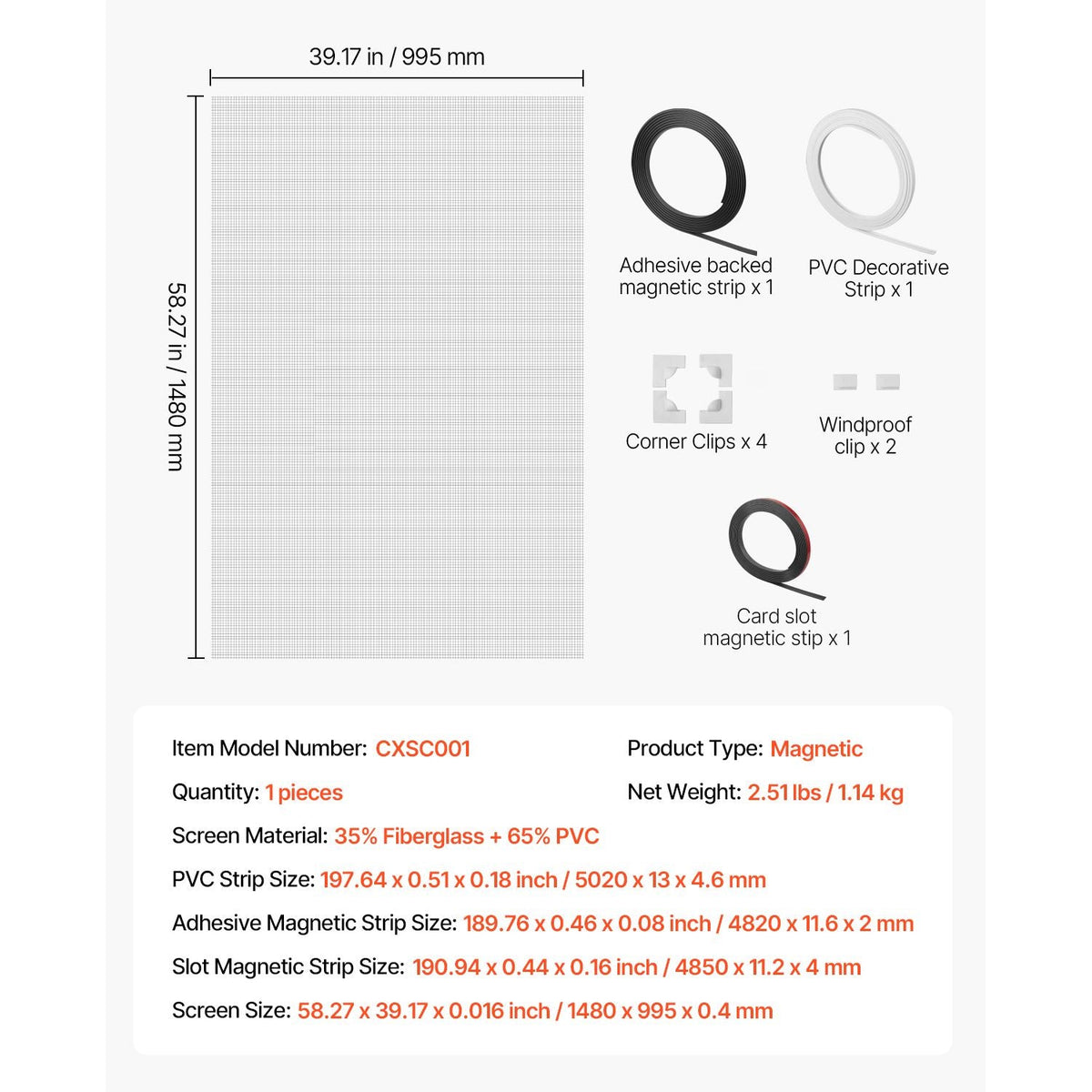 Magnetic Window Screen, 58.27 x 39.17 inch PVC and Fiberglass Mesh, White Frames with Black Magnetic Strip and Wind Clips, No Drilling Easy Installation, Magnetic Screen for House Window