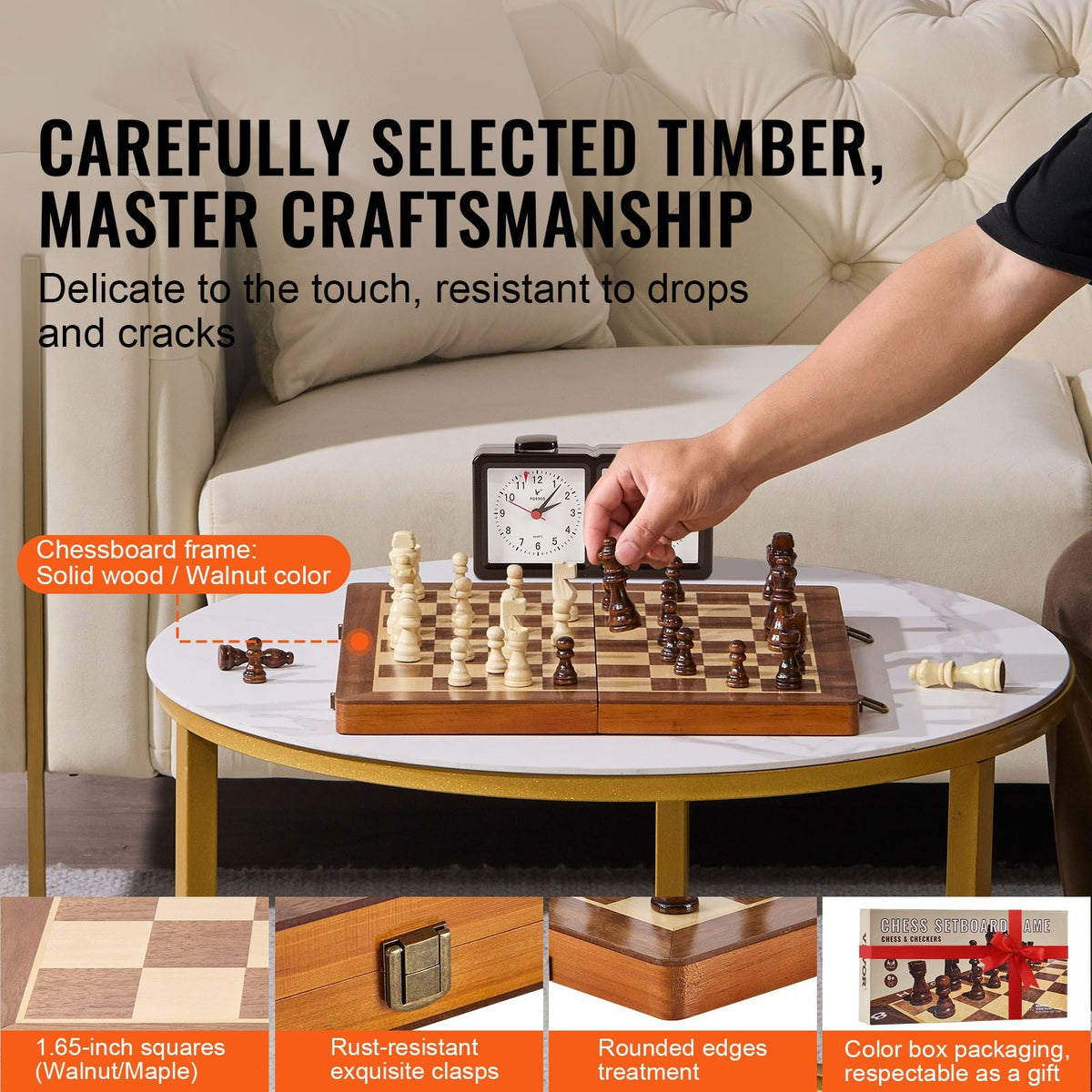 Magnetic Wooden Chess Set, 15 inch 2-IN-1 Chess Checkers Game Set, Folding Chess Board Games for Adults Kids, 2 Queens Portable Travel Gift Chess Set for Tournament Professional Beginner