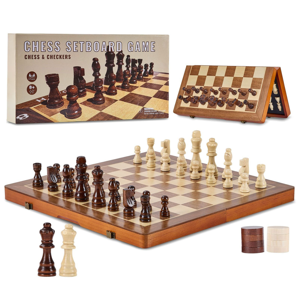 Magnetic Wooden Chess Set, 15 inch 2-IN-1 Chess Checkers Game Set, Folding Chess Board Games for Adults Kids, 2 Queens Portable Travel Gift Chess Set for Tournament Professional Beginner