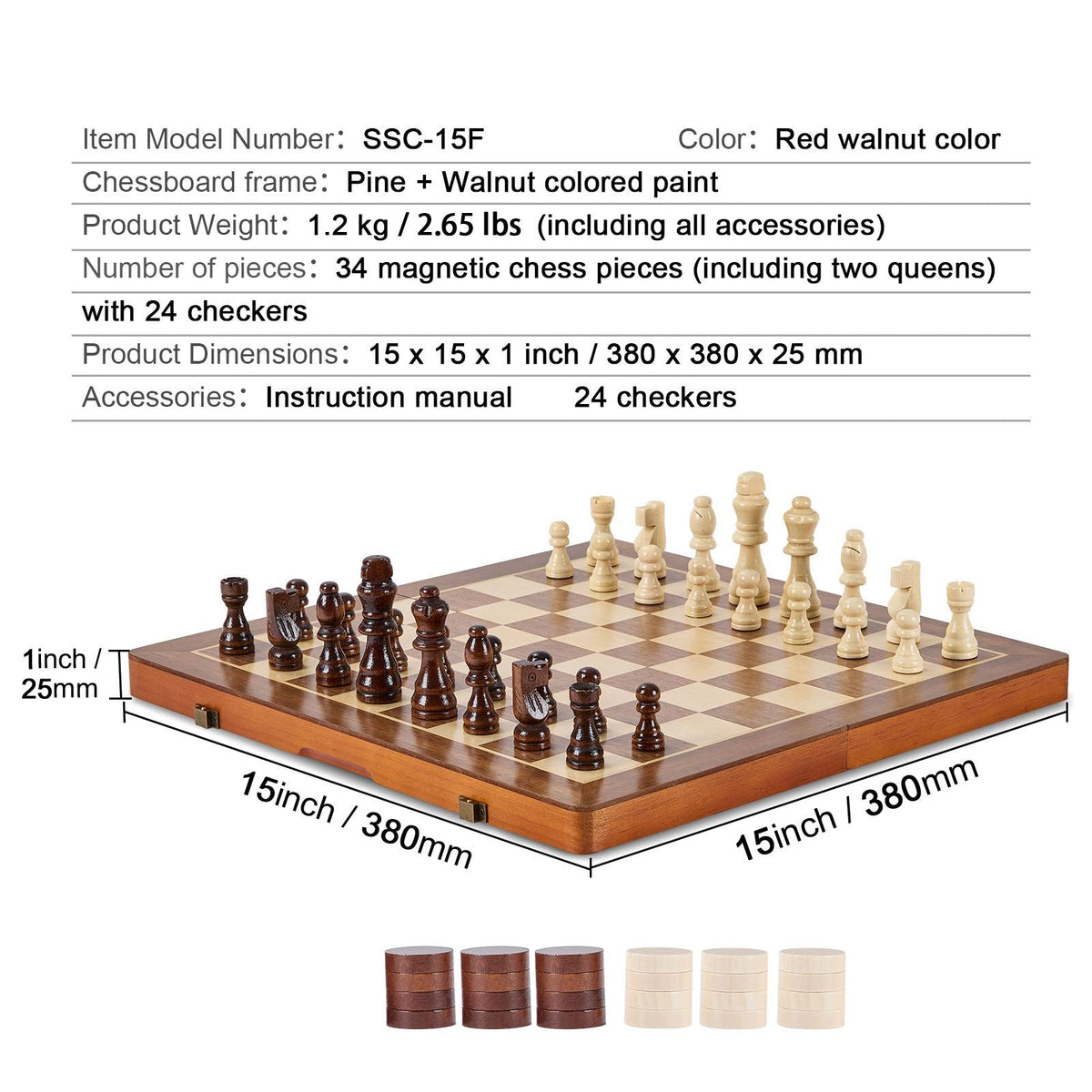 Magnetic Wooden Chess Set, 15 inch 2-IN-1 Chess Checkers Game Set, Folding Chess Board Games for Adults Kids, 2 Queens Portable Travel Gift Chess Set for Tournament Professional Beginner