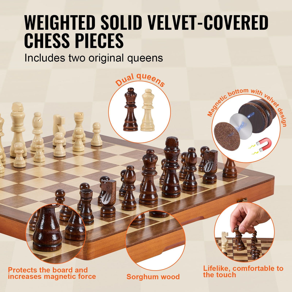Magnetic Wooden Chess Set, 15 inch 2-IN-1 Chess Checkers Game Set, Folding Chess Board Games for Adults Kids, 2 Queens Portable Travel Gift Chess Set for Tournament Professional Beginner