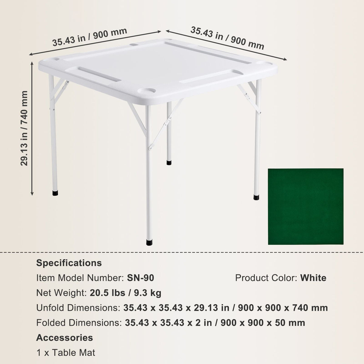 Mahjong Table, 4 Player Folding Domino Table with Wear-Resistant Green Tabletop, Portable Square Card Table with 4 Cup Holders & 4 Chip Trays for Mahjong Poker Puzzles, 35.4 x 35.4-inch