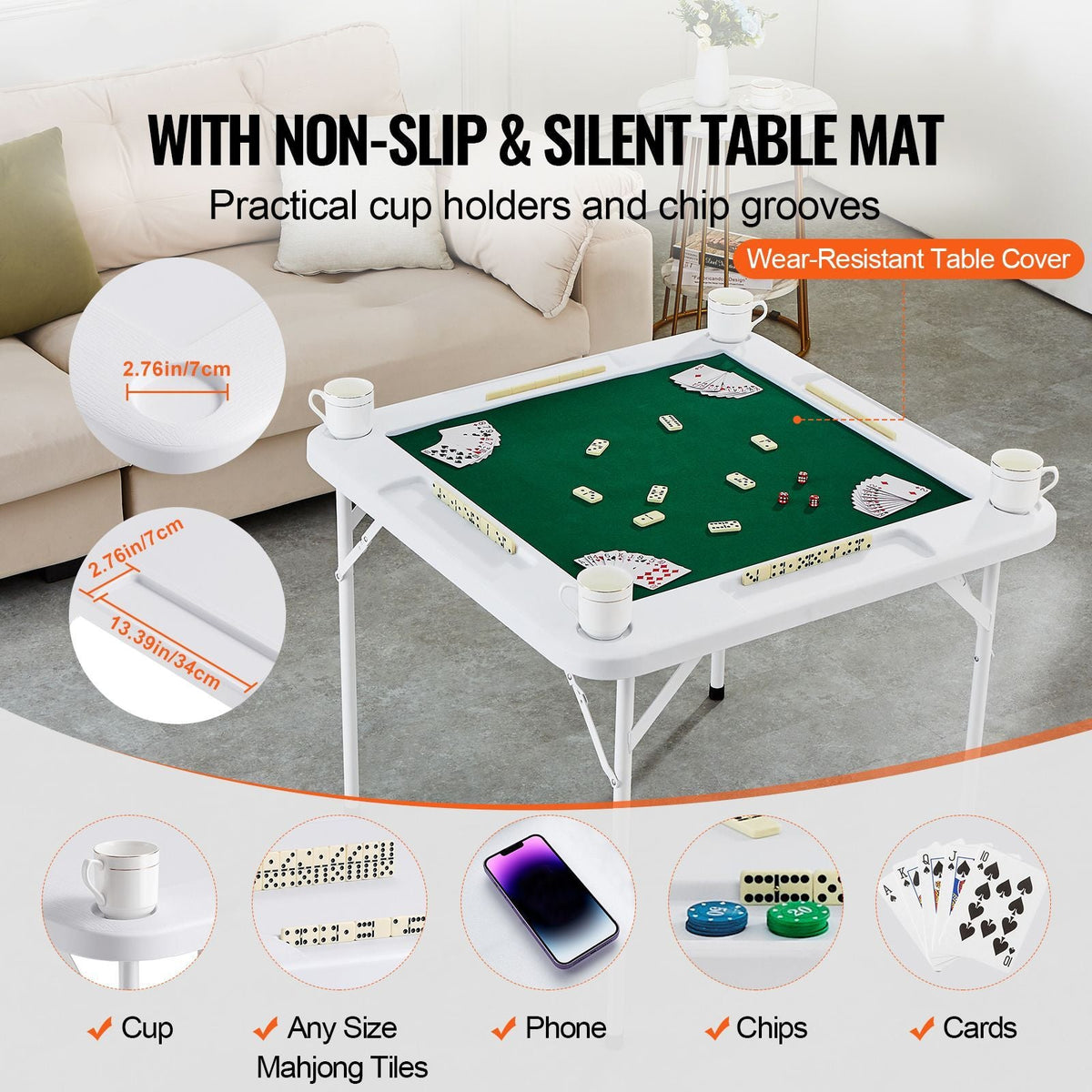 Mahjong Table, 4 Player Folding Domino Table with Wear-Resistant Green Tabletop, Portable Square Card Table with 4 Cup Holders & 4 Chip Trays for Mahjong Poker Puzzles, 35.4 x 35.4-inch