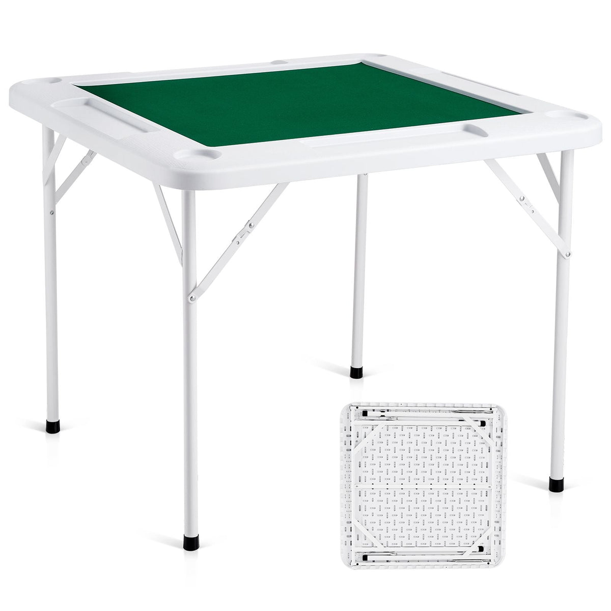 Mahjong Table, 4 Player Folding Domino Table with Wear-Resistant Green Tabletop, Portable Square Card Table with 4 Cup Holders & 4 Chip Trays for Mahjong Poker Puzzles, 35.4 x 35.4-inch
